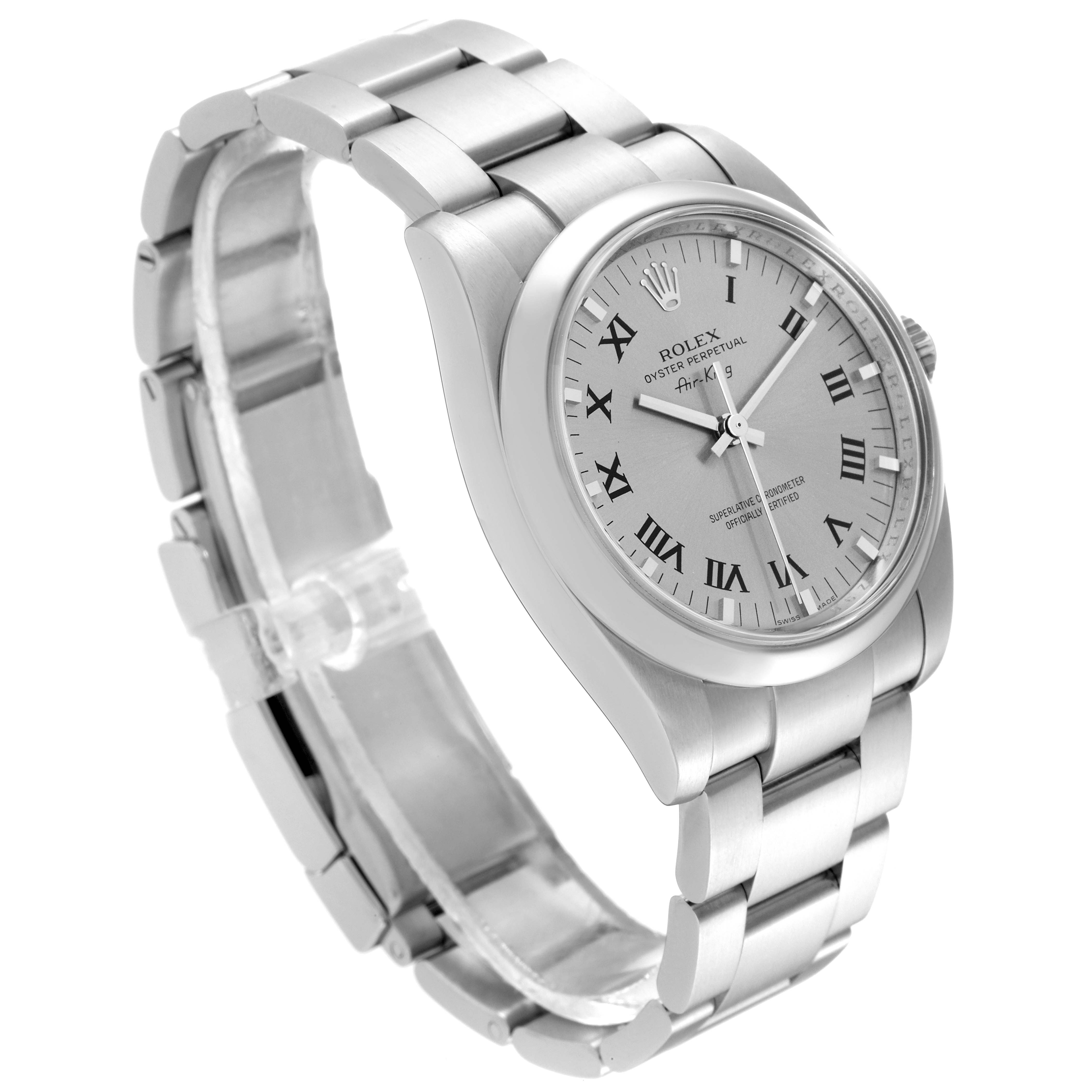 The Rolex Air-King 114200 Men's Stainless Steel Grey Dial 114200 Men's Stainless Steel Grey Dial watch is shown at an angled side view, displaying its face, dial, bezel, and bracelet.