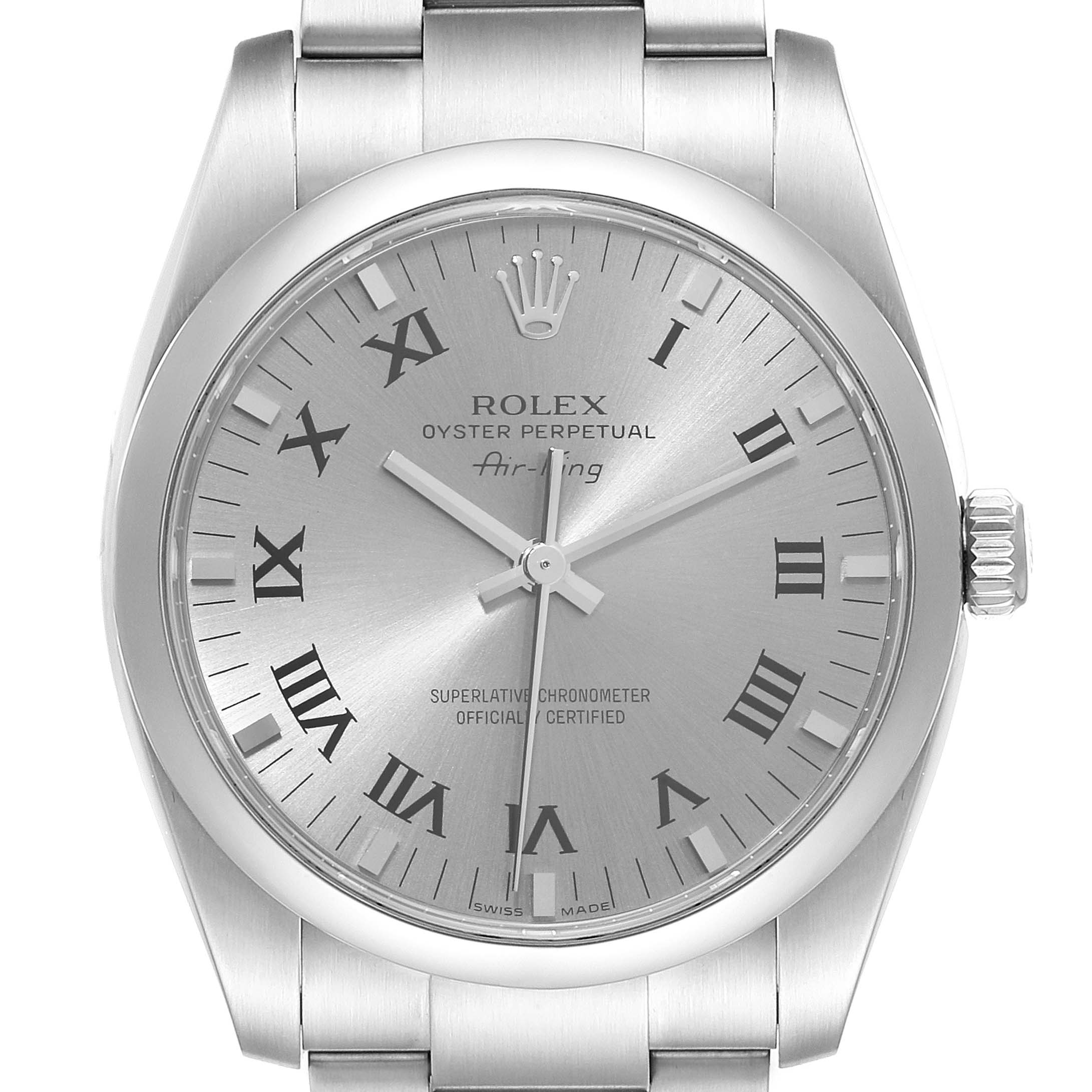 The image shows a front view of the Rolex Air-King 114200 Men's Stainless Steel Grey Dial 114200 Men's Stainless Steel Grey Dial with its dial, hands, bezel, and part of the bracelet visible.