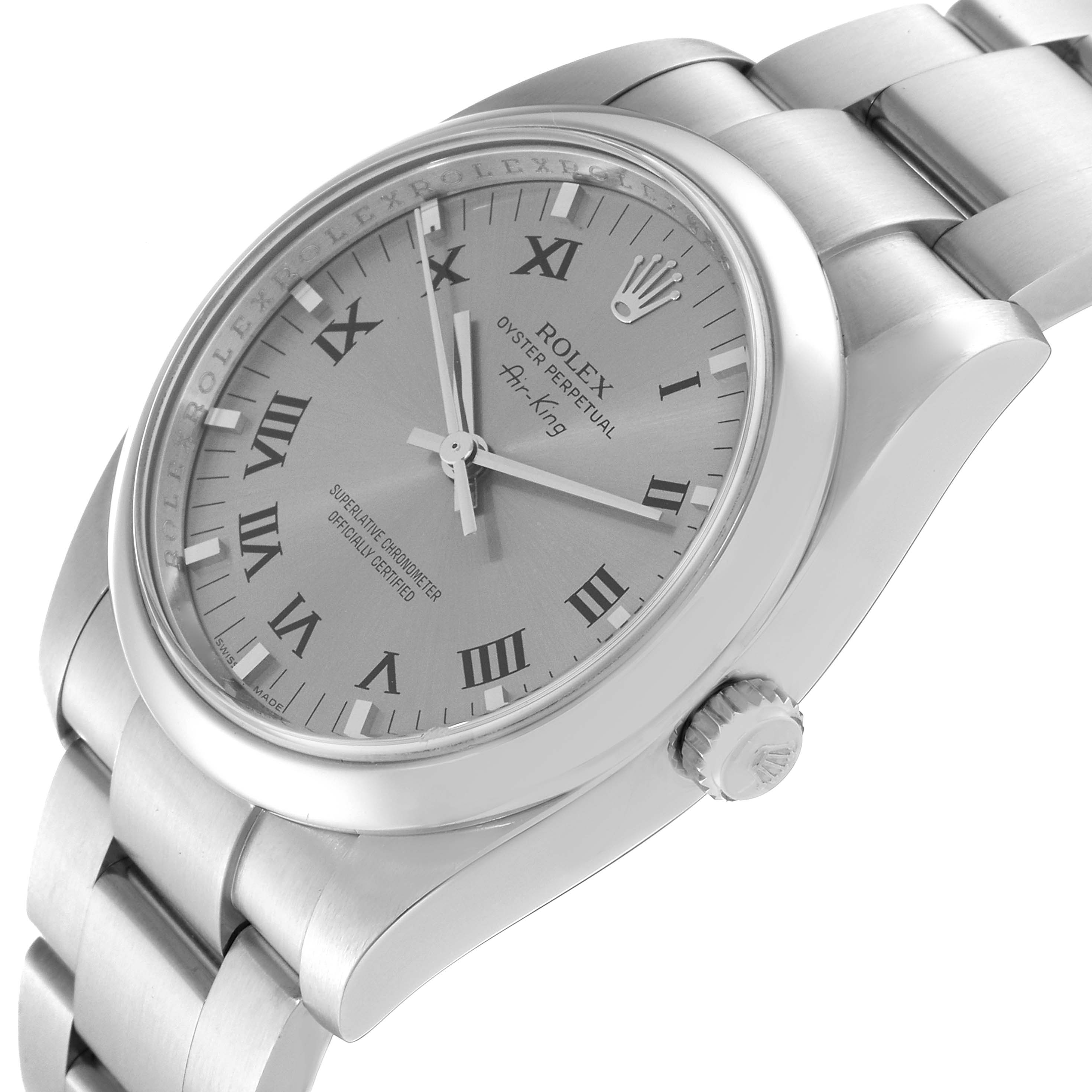 The Rolex Air-King 114200 Men's Stainless Steel Grey Dial 114200 Men's Stainless Steel Grey Dial watch is shown at a slight angle, highlighting its face, crown, and part of the bracelet.