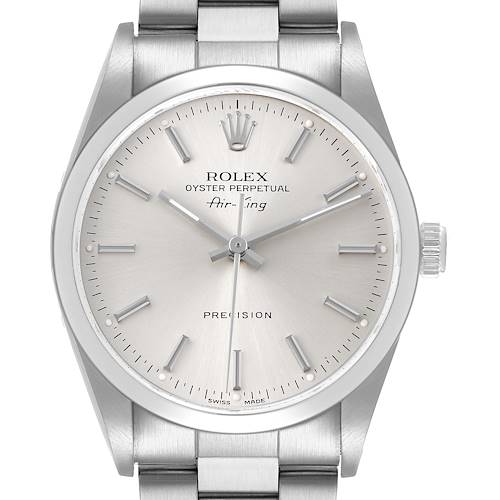 The Rolex Air-King 14000 Men's Stainless Steel Silver Dial watch is shown from a front angle, highlighting its dial, bezel, and bracelet.