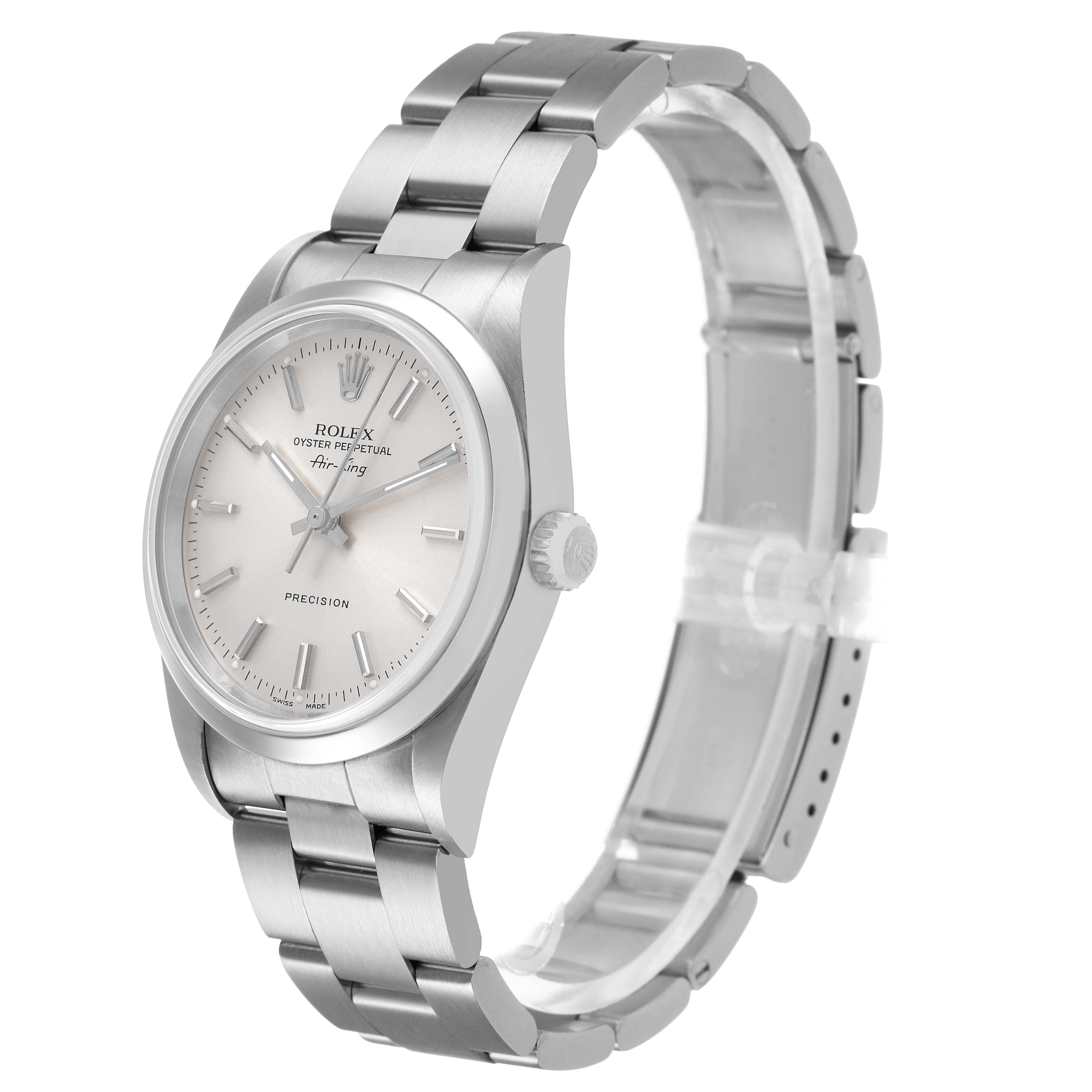 The Rolex Air-King 14000 Men's Stainless Steel Silver Dial watch is shown at a three-quarter angle displaying the dial, case, bracelet, and crown.
