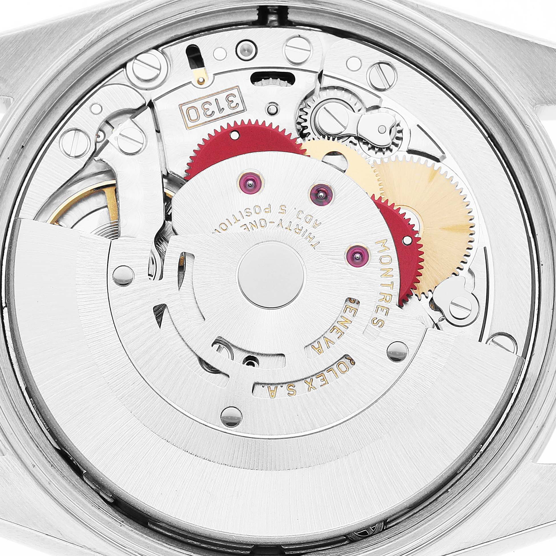The image shows the intricate internal mechanism of a Rolex Air-King 14000 Men's Stainless Steel Silver Dial watch from a top-down angle.
