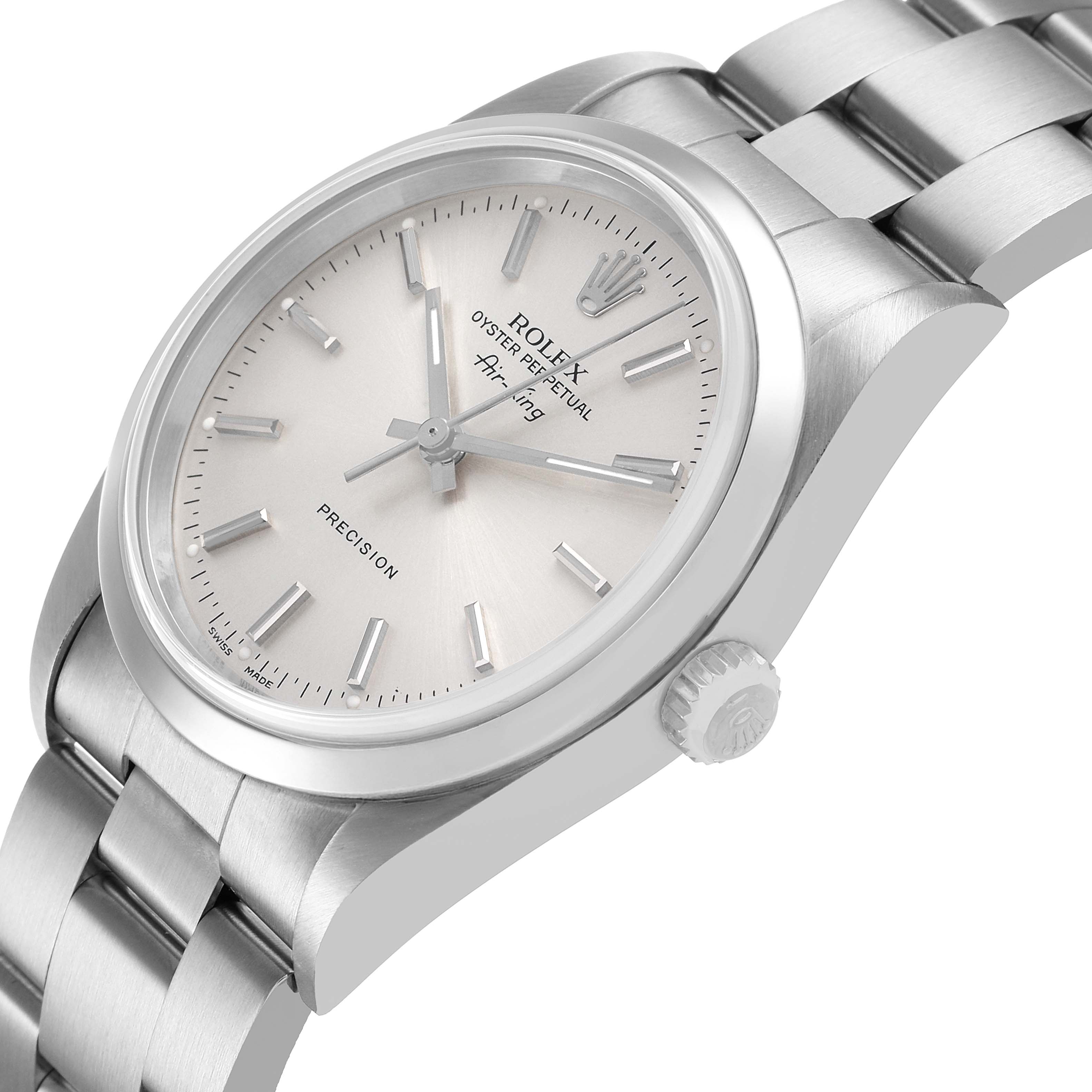 The Rolex Air-King 14000 Men's Stainless Steel Silver Dial watch is shown at a three-quarter angle, displaying the dial, bezel, crown, and part of the bracelet.