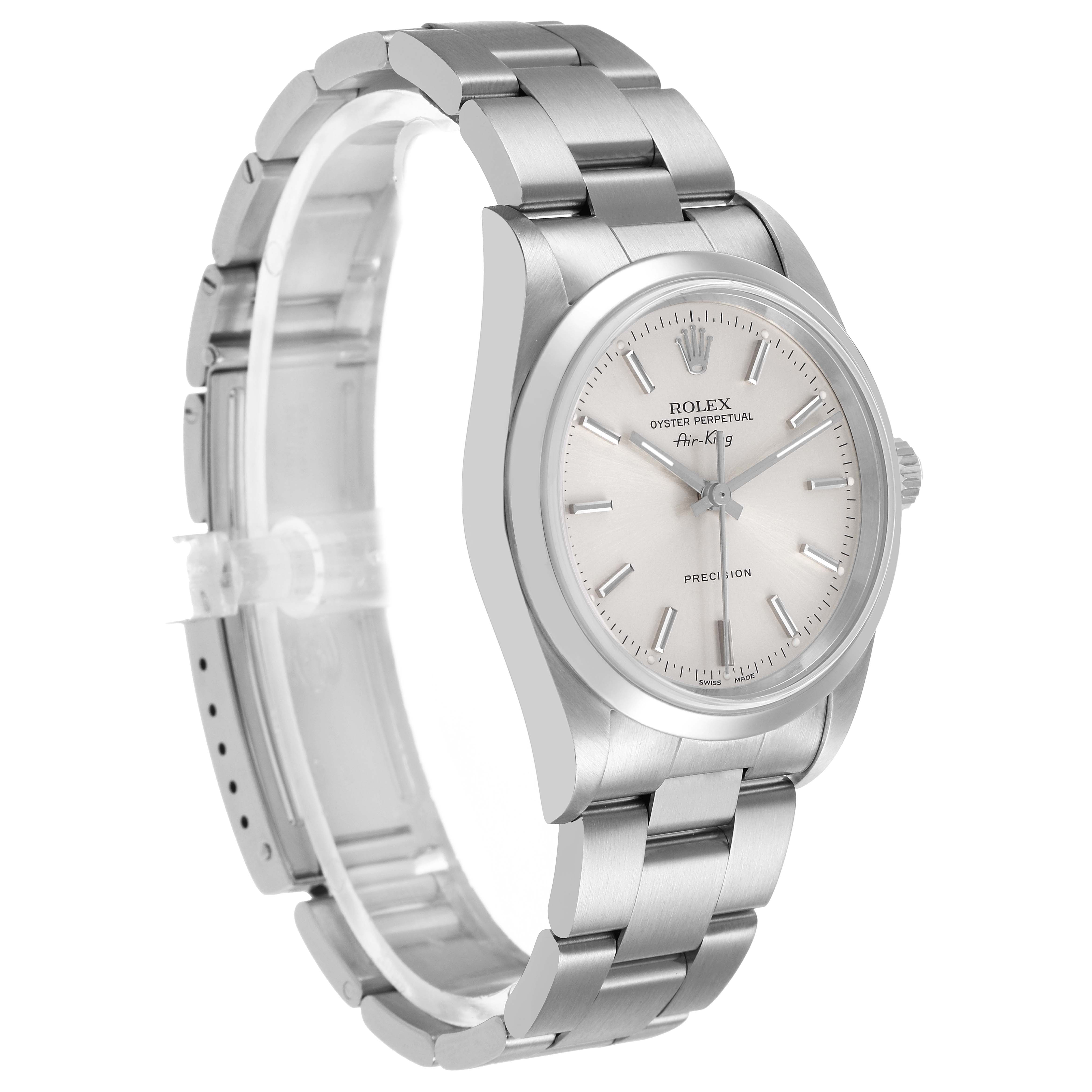 The Rolex Air-King 14000 Men's Stainless Steel Silver Dial watch is shown at a slight side angle, displaying the face, bracelet, and crown.