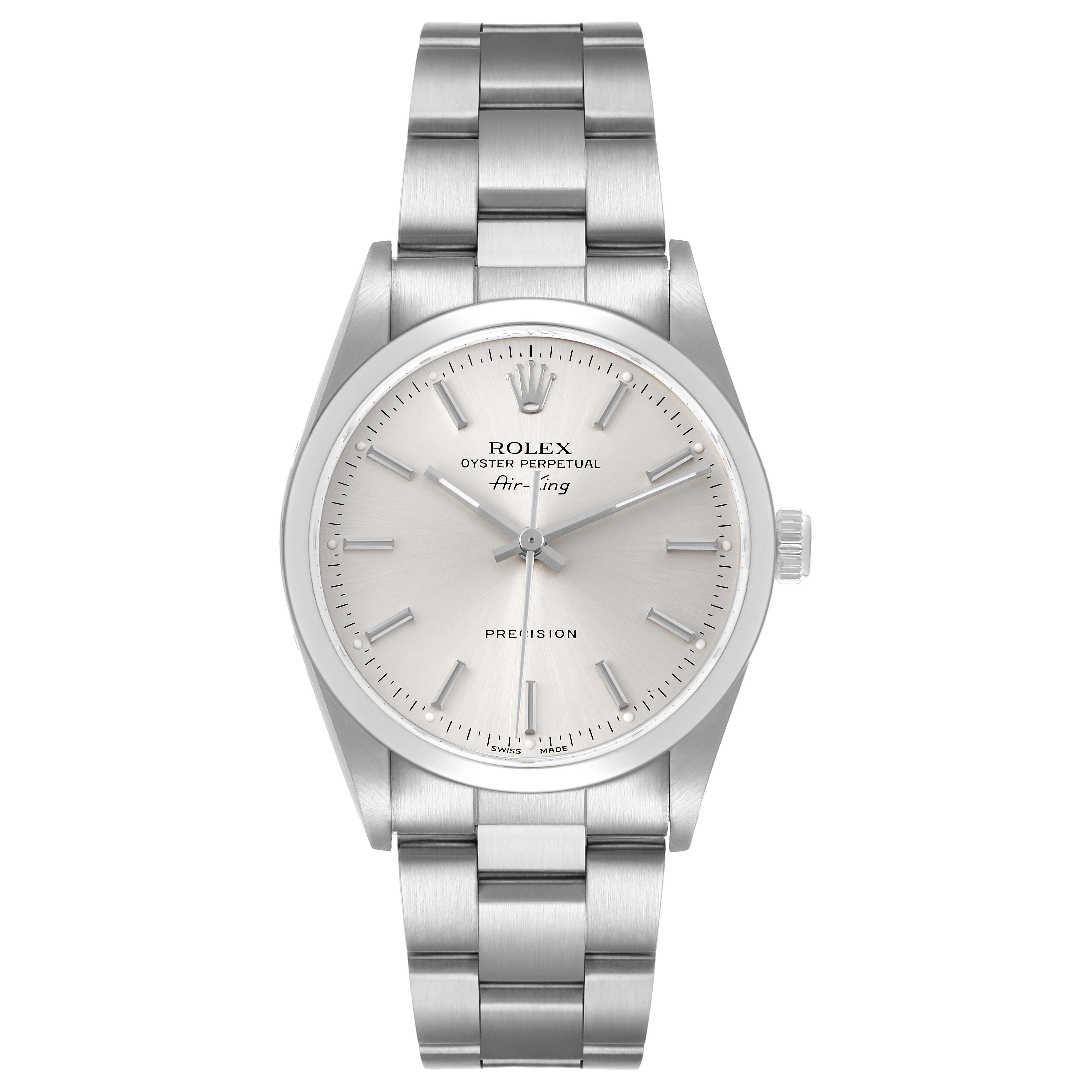 The Rolex Air-King 14000 Men's Stainless Steel Silver Dial watch is shown from a front view, displaying the dial, bezel, bracelet, and crown.