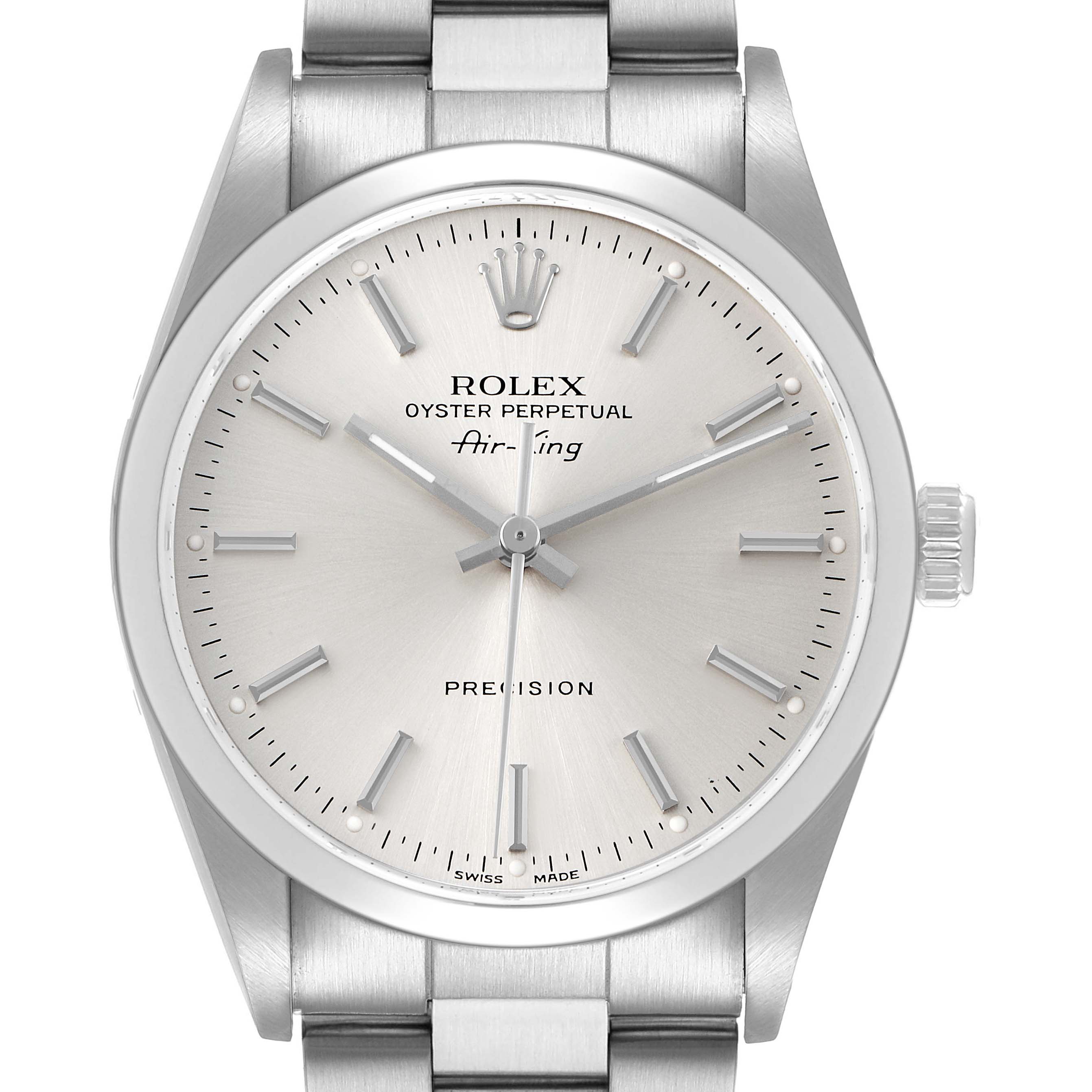 The Rolex Air-King 14000 Men's Stainless Steel Silver Dial watch is shown from the front, displaying the dial, bezel, and bracelet.