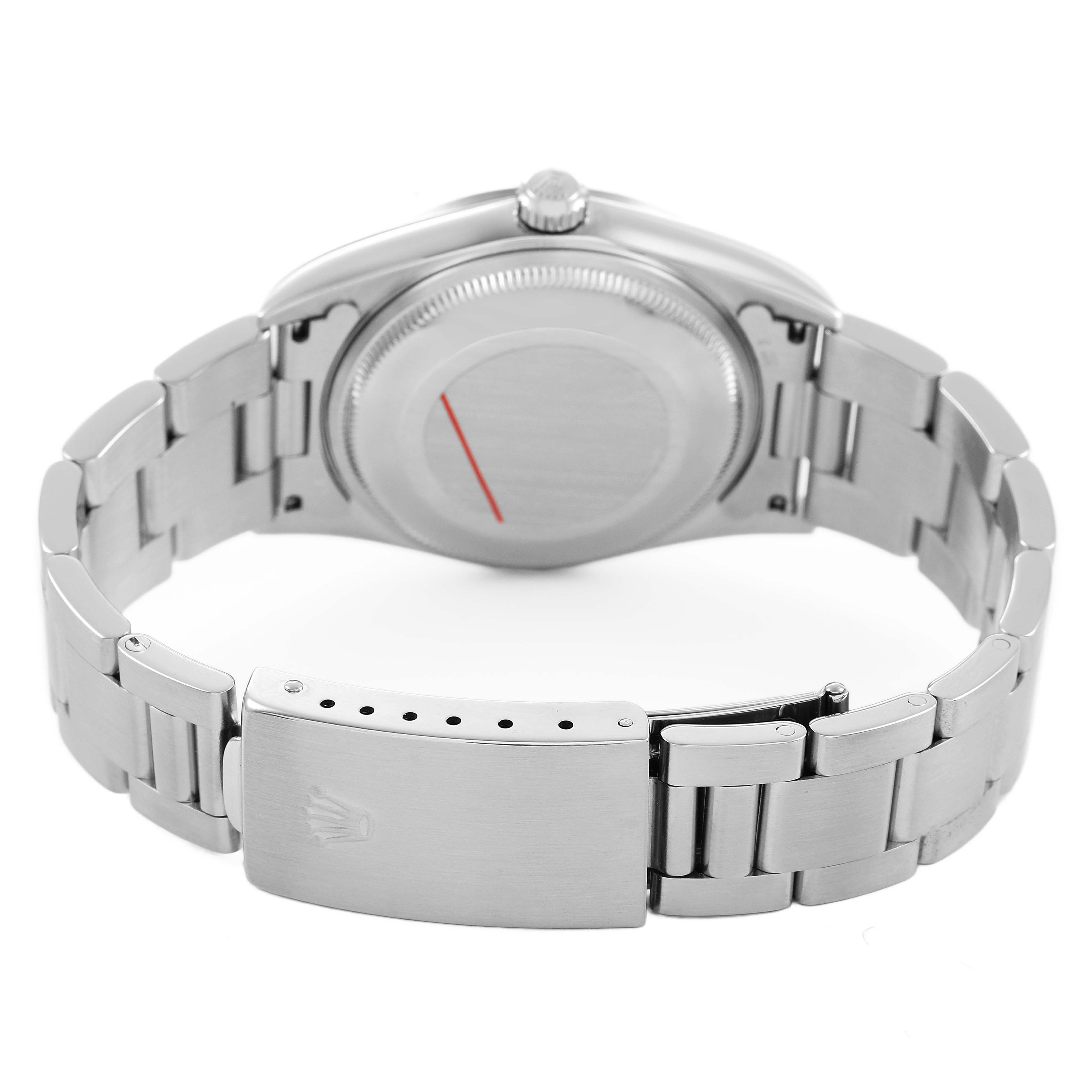 The image shows the back of the Rolex Air-King 14000 Men's Stainless Steel Silver Dial watch, displaying its clasp and bracelet in a partially open position.