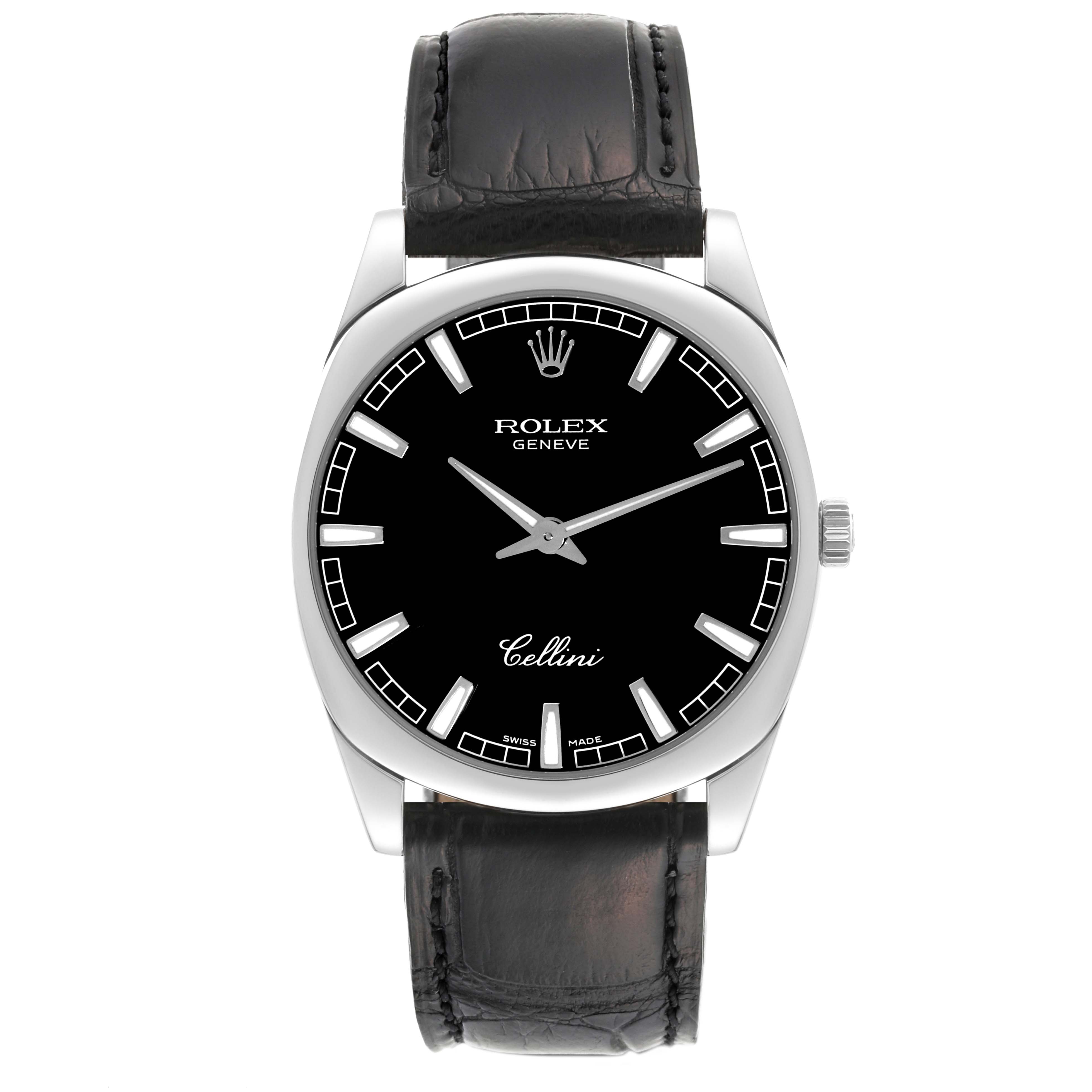 This image shows a front view of a Rolex Cellini 4243 Men's White Gold Black Dial 4243 Men's White Gold Black Dial watch with a black dial and leather strap.