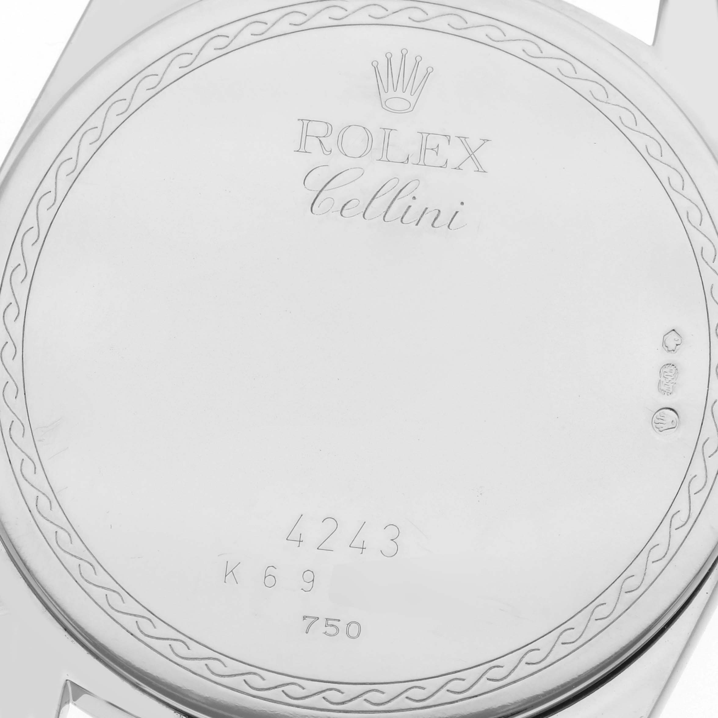 The image shows the engraved back case of a Rolex Cellini 4243 Men's White Gold Black Dial 4243 Men's White Gold Black Dial watch, viewed from a straight angle.