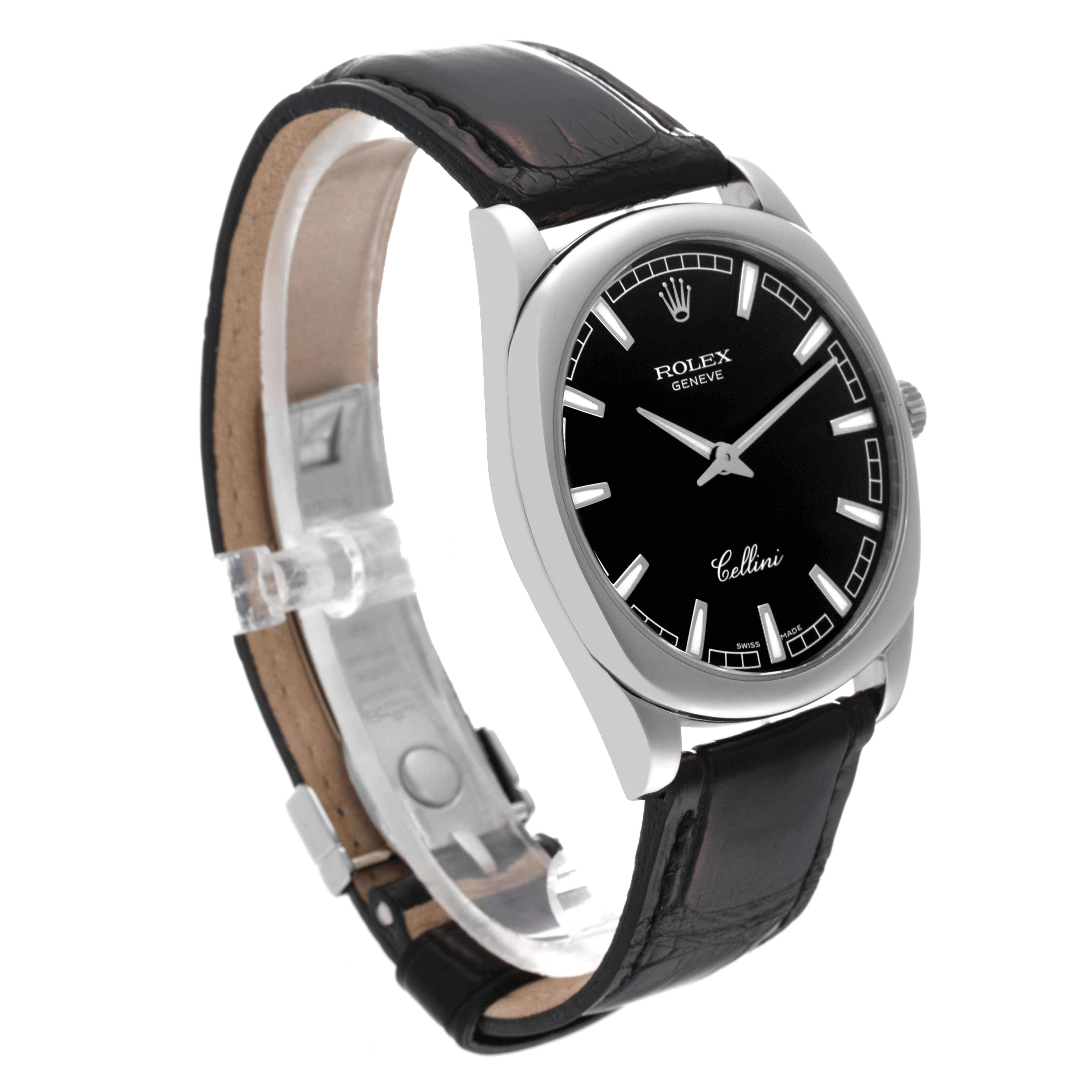 The image shows a Rolex Cellini 4243 Men's White Gold Black Dial 4243 Men's White Gold Black Dial watch angled to display its black dial, silver case, and black leather strap.