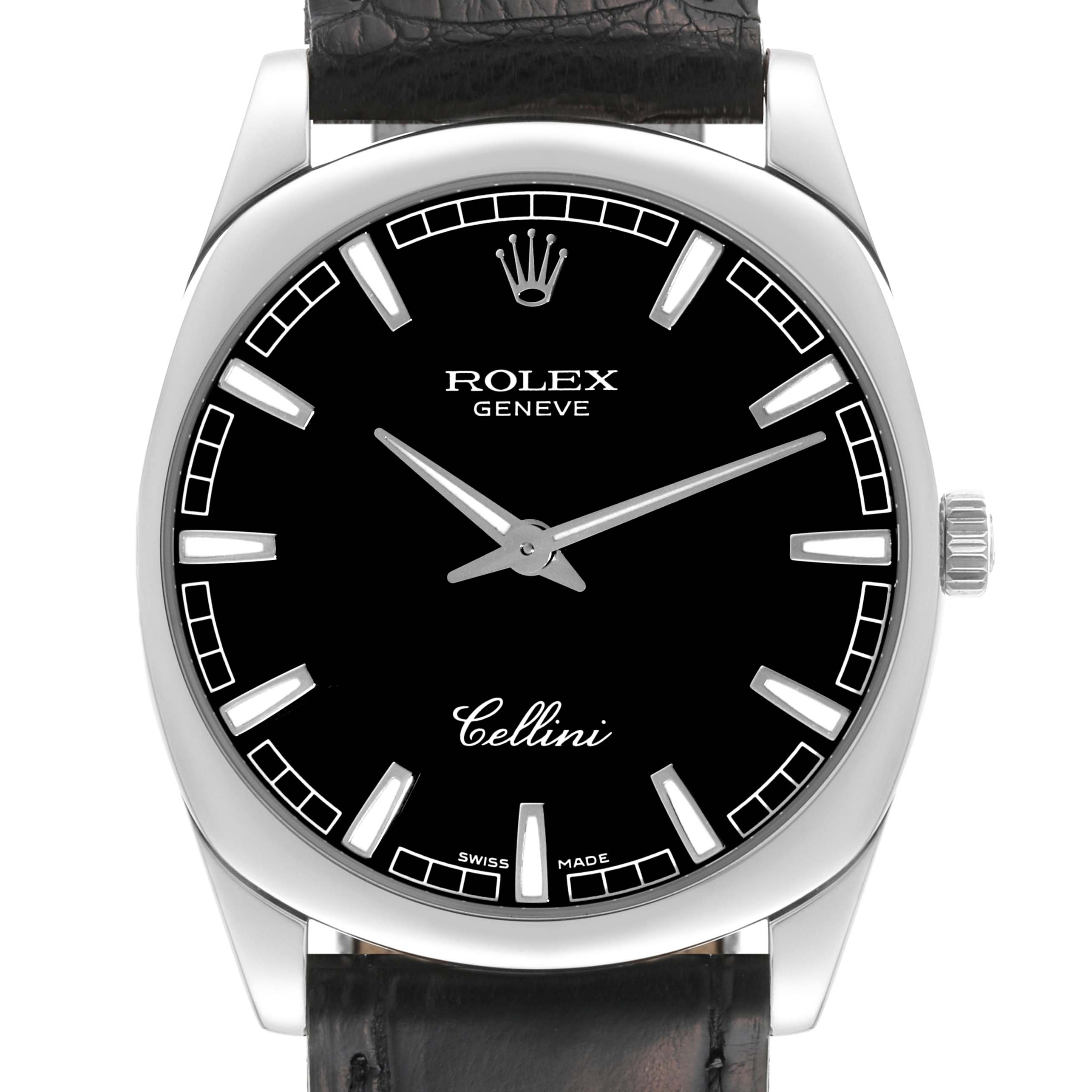 The image shows a front view of a Rolex Cellini 4243 Men's White Gold Black Dial 4243 Men's White Gold Black Dial watch with a black dial, silver hands, and a leather strap.