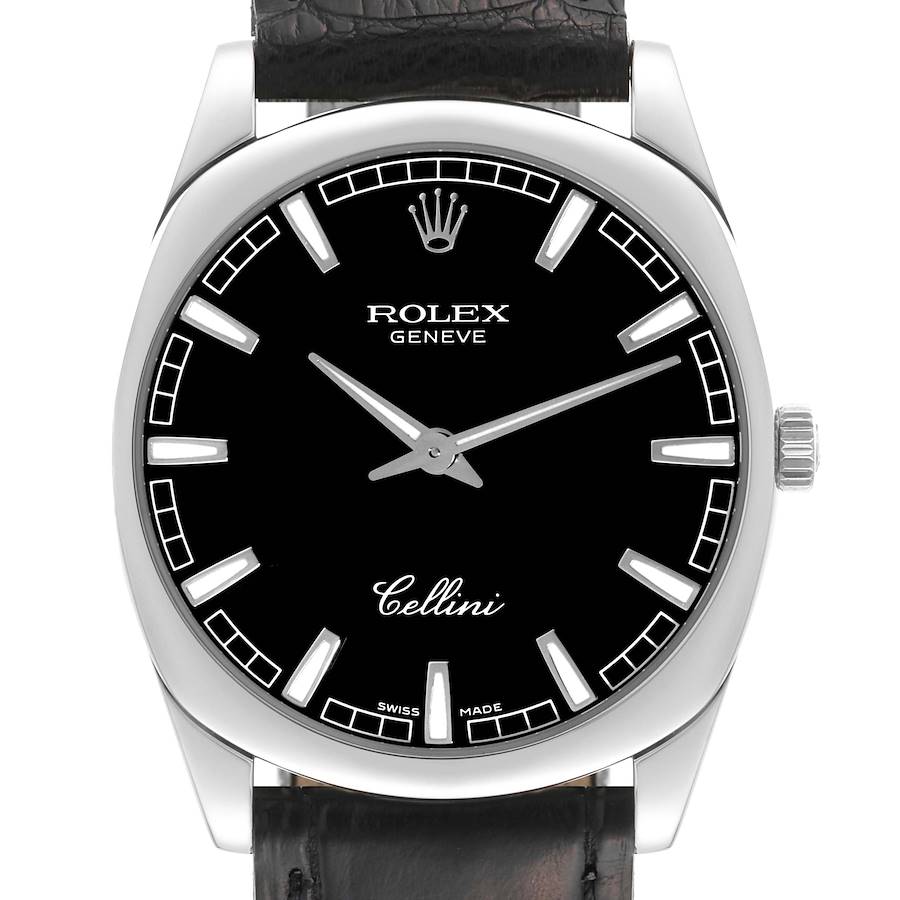 The image shows a front view of a Rolex Cellini watch with a black dial, silver hands, and a leather strap.