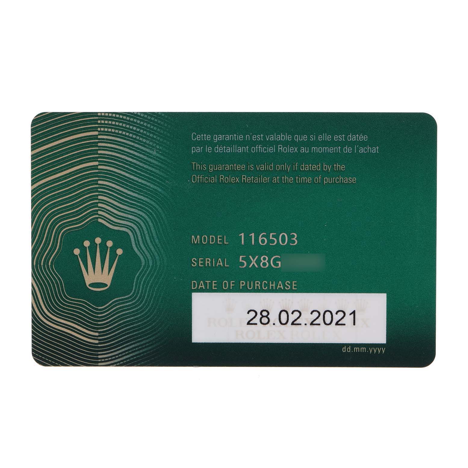 This image shows the guarantee card for a Rolex Daytona 116503 Men
s Steel and Gold (two tone) Champagne Dial 116503 Men
s Steel and Gold (two tone) Champagne Dial model 116503 with a purchase date of 28.02.2021.