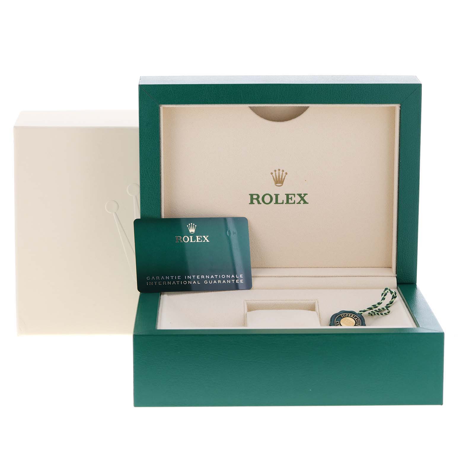 The image shows the watch box, guarantee card, and accessories for a Rolex Daytona 116503 Men
s Steel and Gold (two tone) Champagne Dial 116503 Men
s Steel and Gold (two tone) Champagne Dial model.