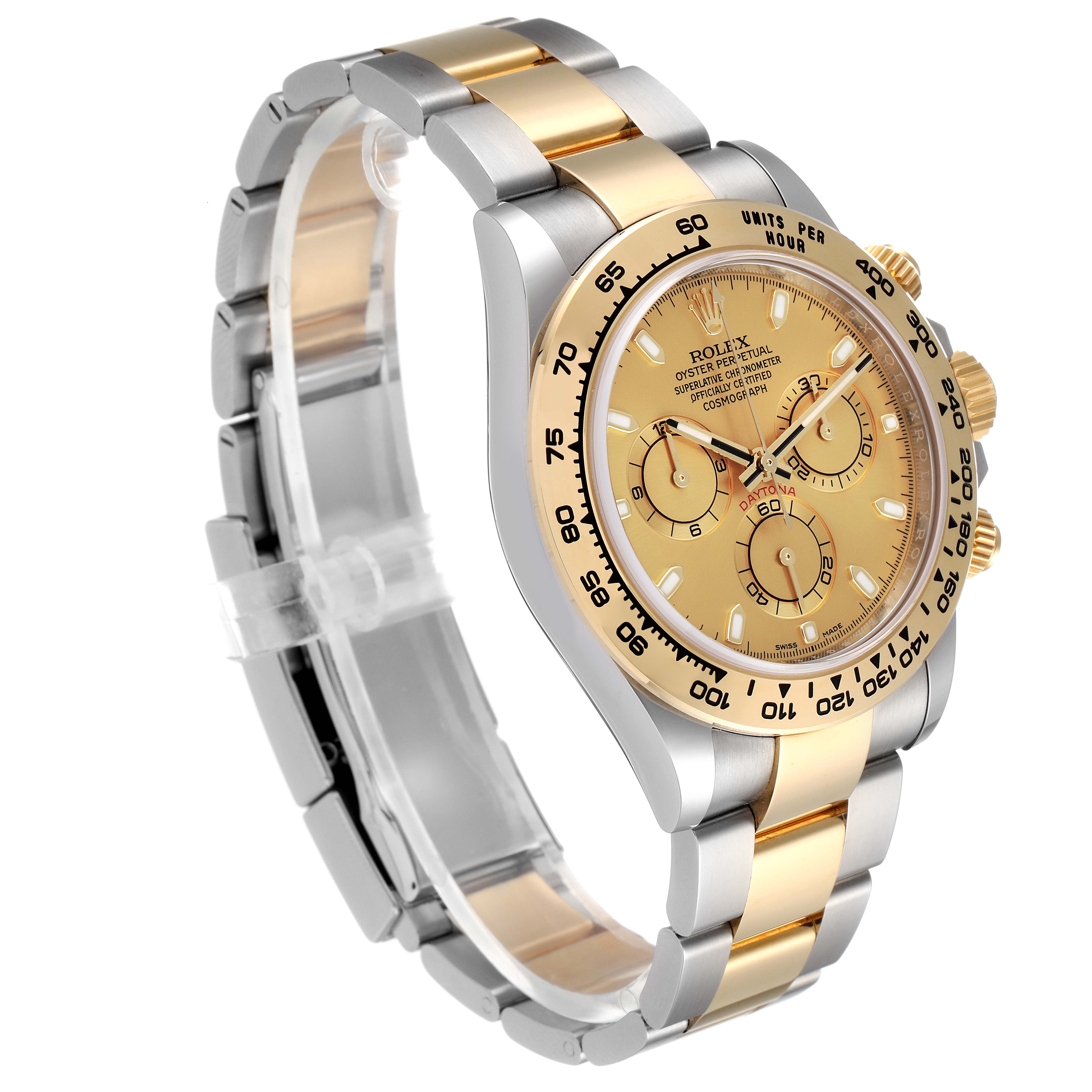 The Rolex Daytona 116503 Men
s Steel and Gold (two tone) Champagne Dial 116503 Men
s Steel and Gold (two tone) Champagne Dial watch is shown at a three-quarter angled view, highlighting its face, bezel, and two-tone bracelet.