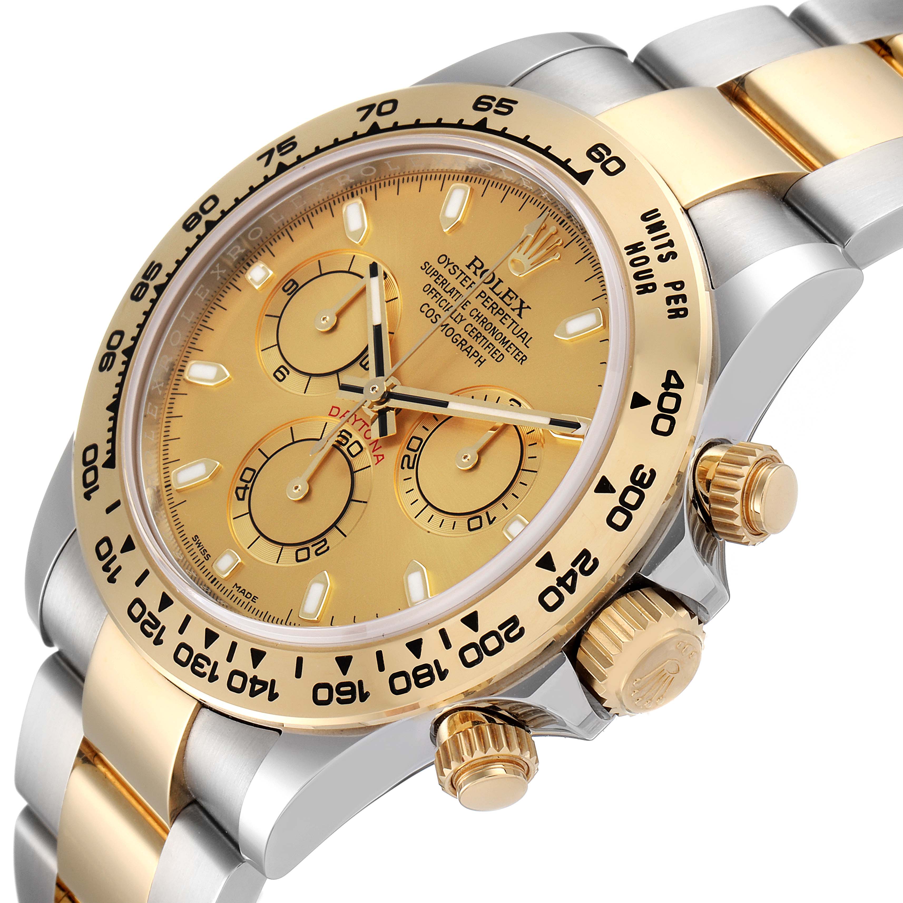 The image shows a close-up view of a Rolex Daytona 116503 Men
s Steel and Gold (two tone) Champagne Dial 116503 Men
s Steel and Gold (two tone) Champagne Dial watch, focusing on the dial, bezel, crown, and part of the bracelet.