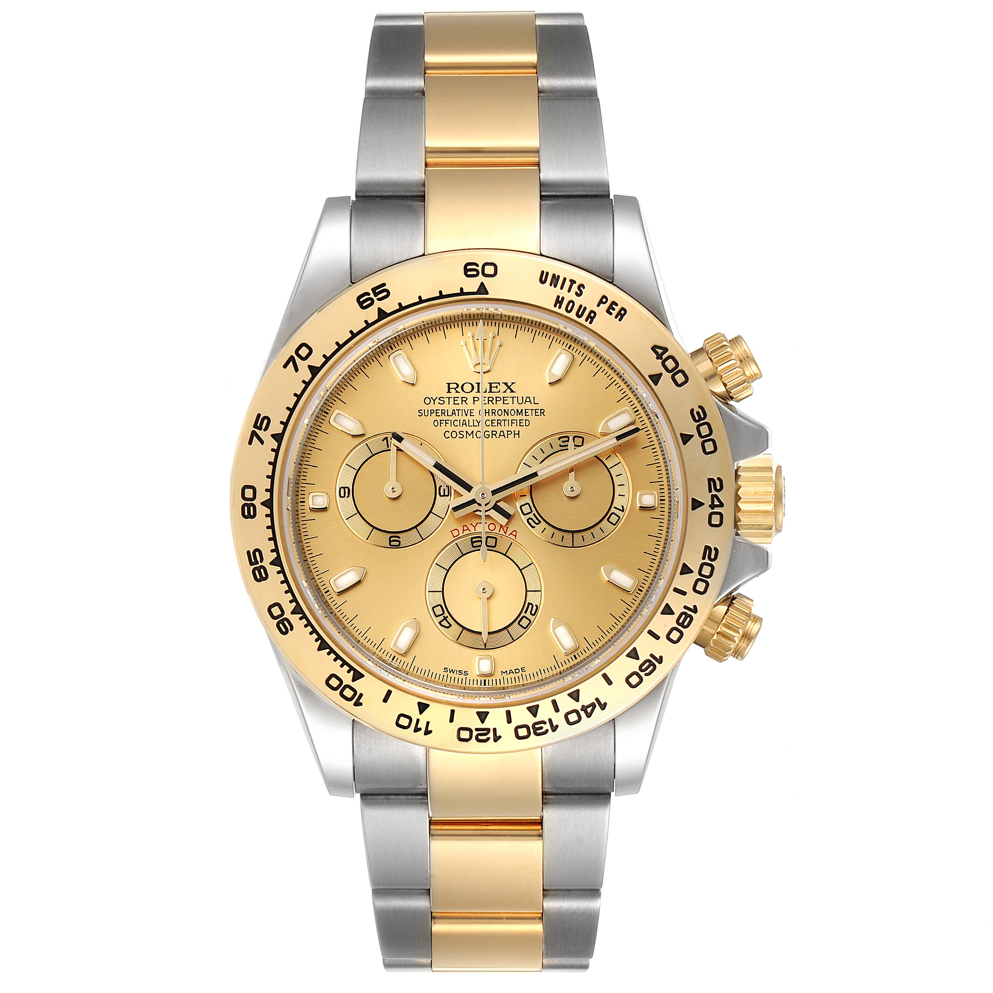 The image shows a Rolex Daytona 116503 Men
s Steel and Gold (two tone) Champagne Dial 116503 Men
s Steel and Gold (two tone) Champagne Dial watch from the front, displaying its dial, bezel, and two-tone metal bracelet.