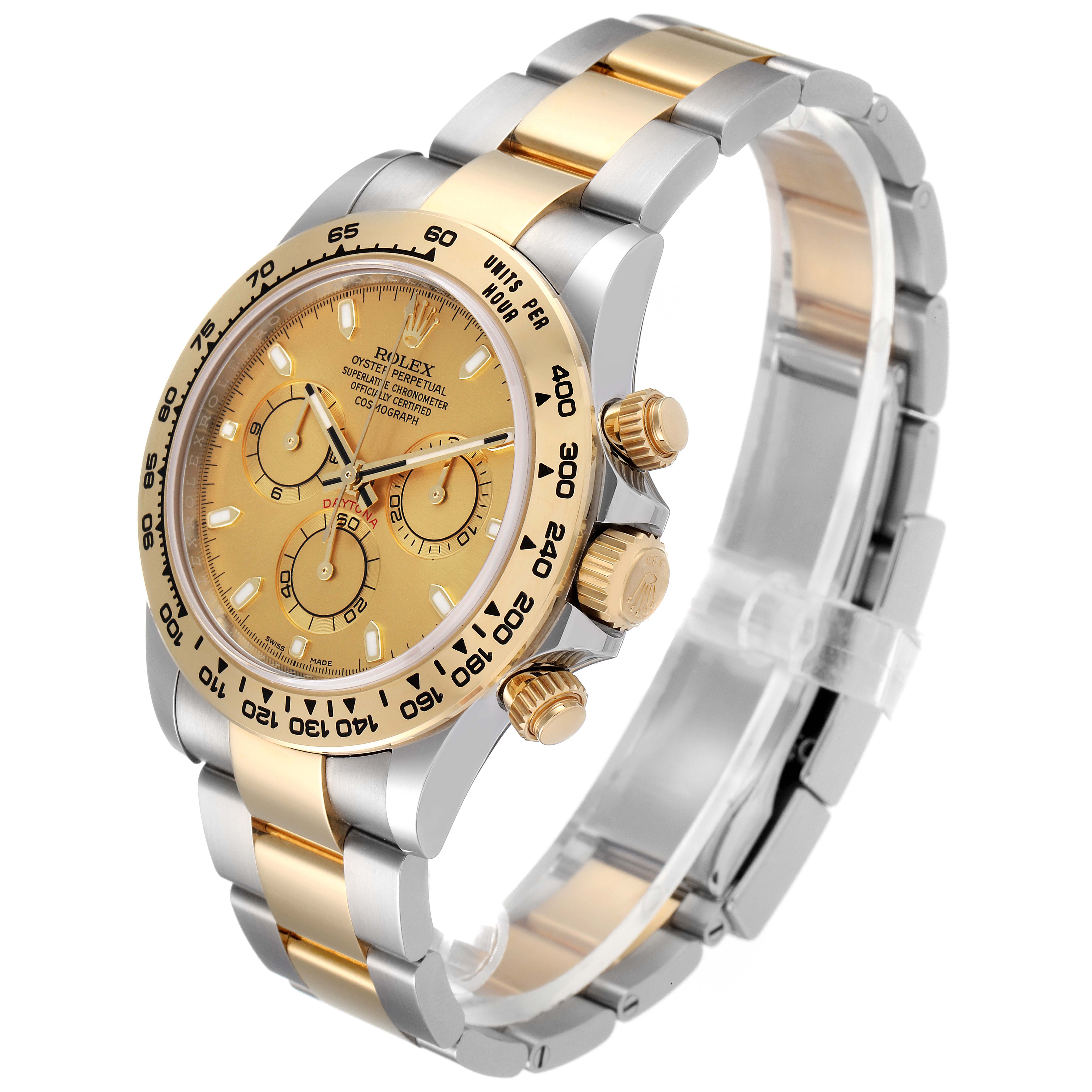 The Rolex Daytona 116503 Men
s Steel and Gold (two tone) Champagne Dial 116503 Men
s Steel and Gold (two tone) Champagne Dial watch is shown at a slight angle, highlighting the dial, bezel, crown, and bracelet with gold and stainless steel parts.