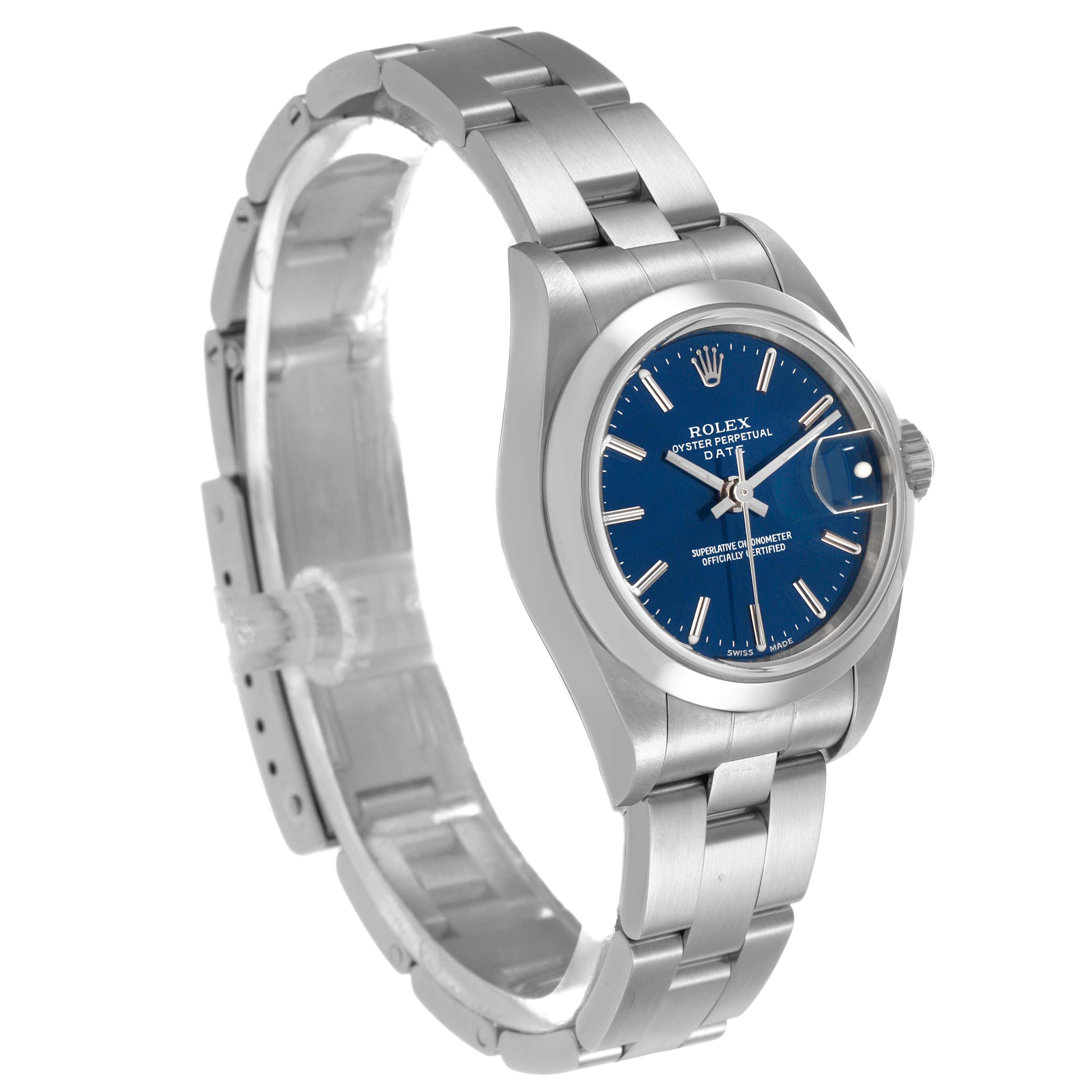 The Rolex Date 79160 Women's Stainless Steel Blue Dial watch is shown from a three-quarter angle, highlighting the blue dial, bezel, bracelet, and crown.
