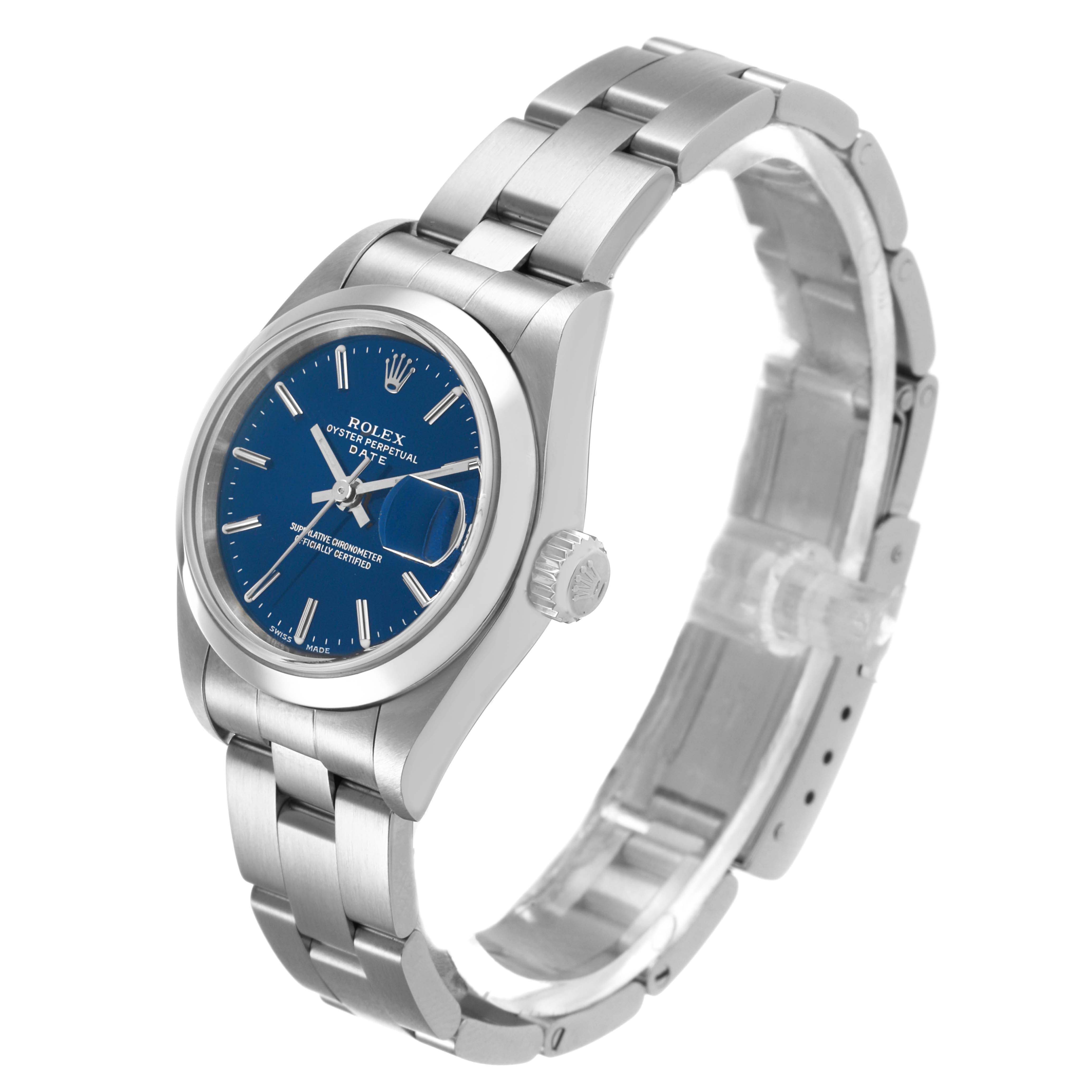 The Rolex Date 79160 Women's Stainless Steel Blue Dial model is shown at a three-quarter angle, displaying the blue dial, bezel, crown, and bracelet.