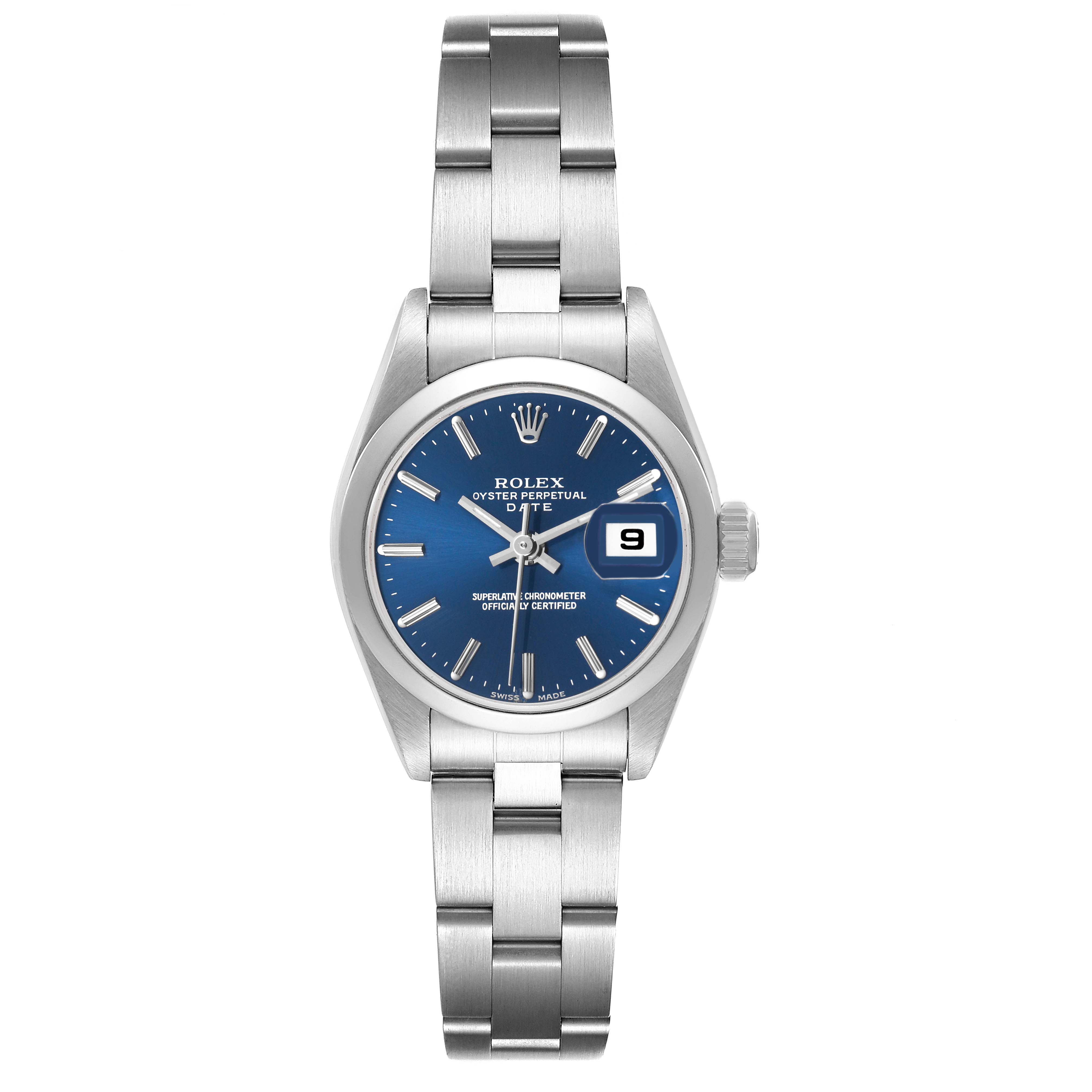 The image shows a Rolex Date 79160 Women's Stainless Steel Blue Dial model from a front angle, highlighting the blue dial, hands, indexes, and bracelet.