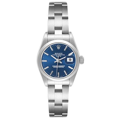 The Rolex Date 79160 Women's Stainless Steel Blue Dial model is shown from the front, displaying the dial, bezel, bracelet, and date magnification.