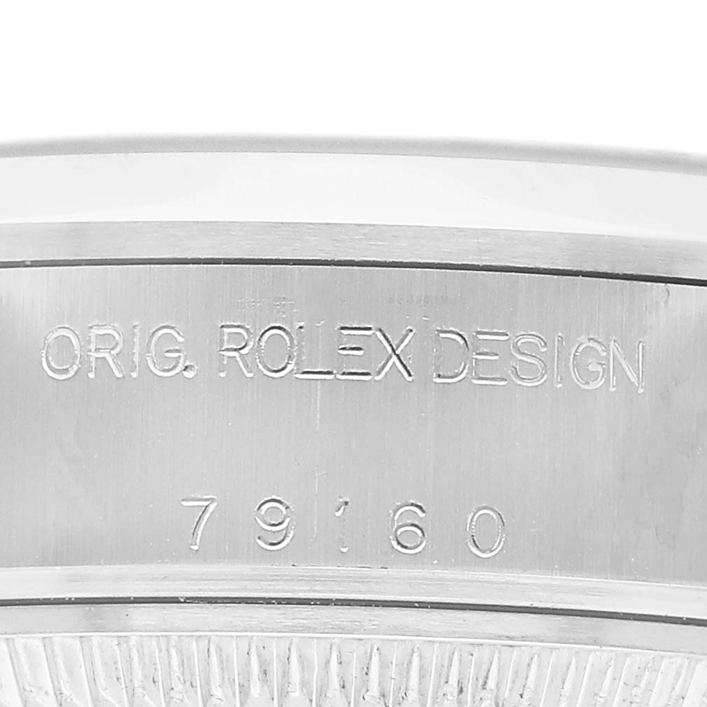 The image shows the case side of a Rolex Date 79160 Women's Stainless Steel Blue Dial watch, highlighting the model number and "Orig. Rolex Design" engraving.