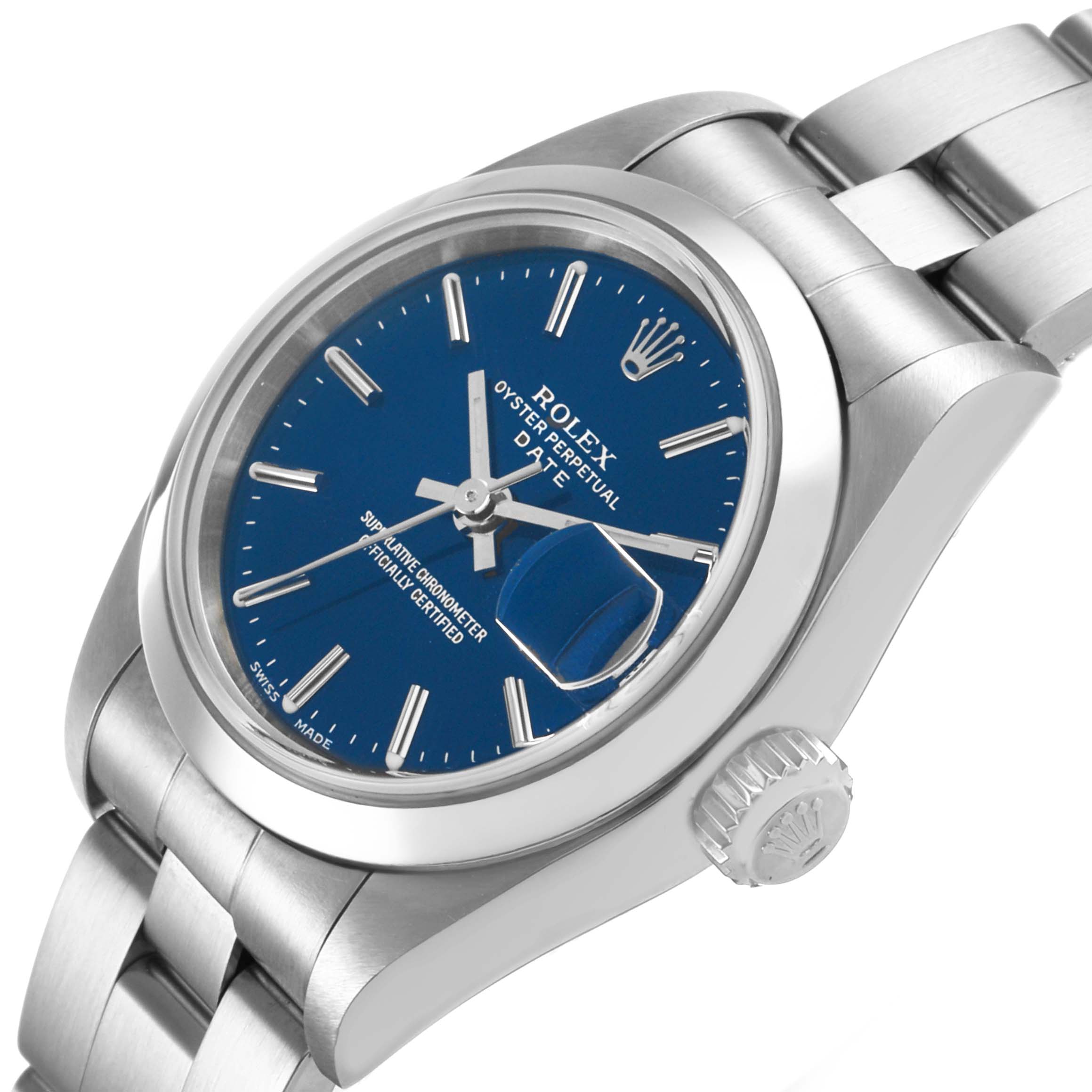 The Rolex Date 79160 Women's Stainless Steel Blue Dial watch is shown at a slight angle, displaying the blue dial, crown, and part of the bracelet.
