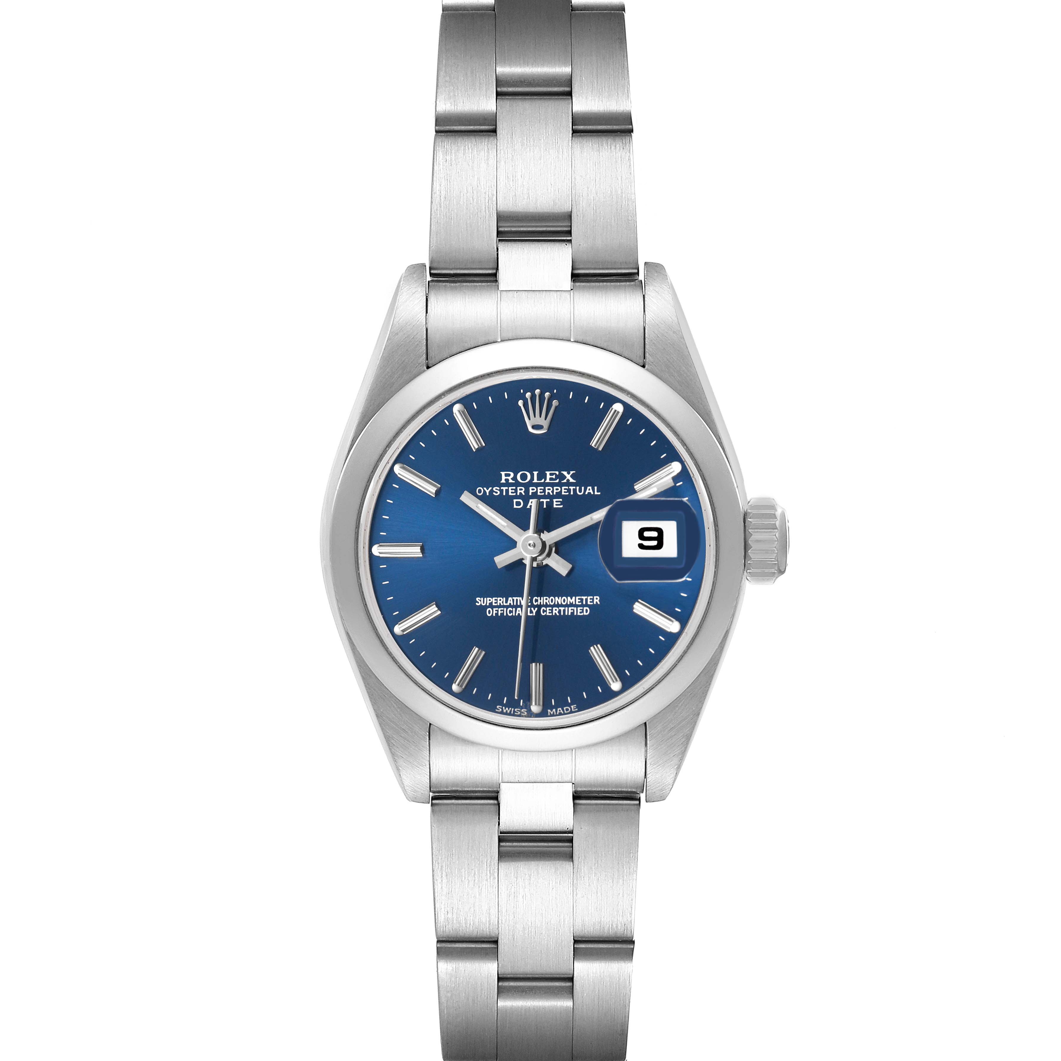 The Rolex Date 79160 Women's Stainless Steel Blue Dial model is shown from a front angle, displaying the bracelet, blue dial, hands, markers, and date window.