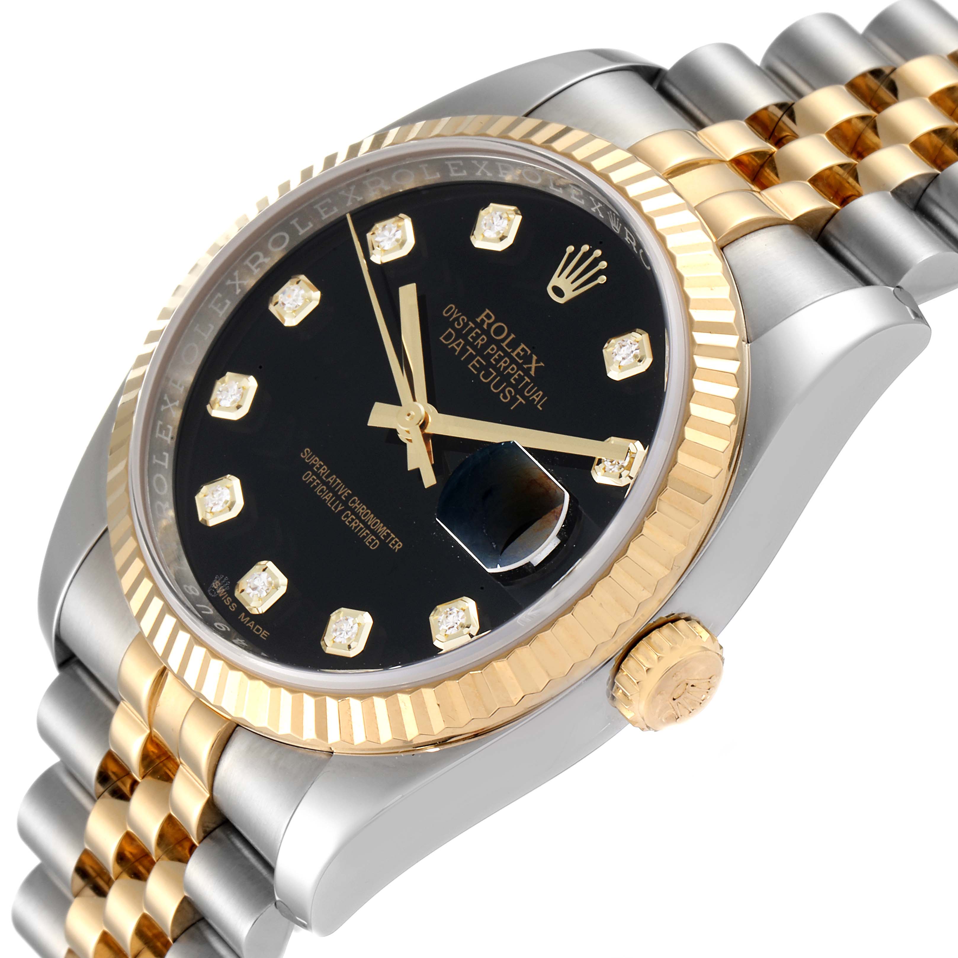 This image showcases a Rolex Datejust 116233 Men
s Steel and Gold (two tone) Black Dial 116233 Men
s Steel and Gold (two tone) Black Dial watch at an angled close-up, highlighting its face, bezel, and part of the bracelet.