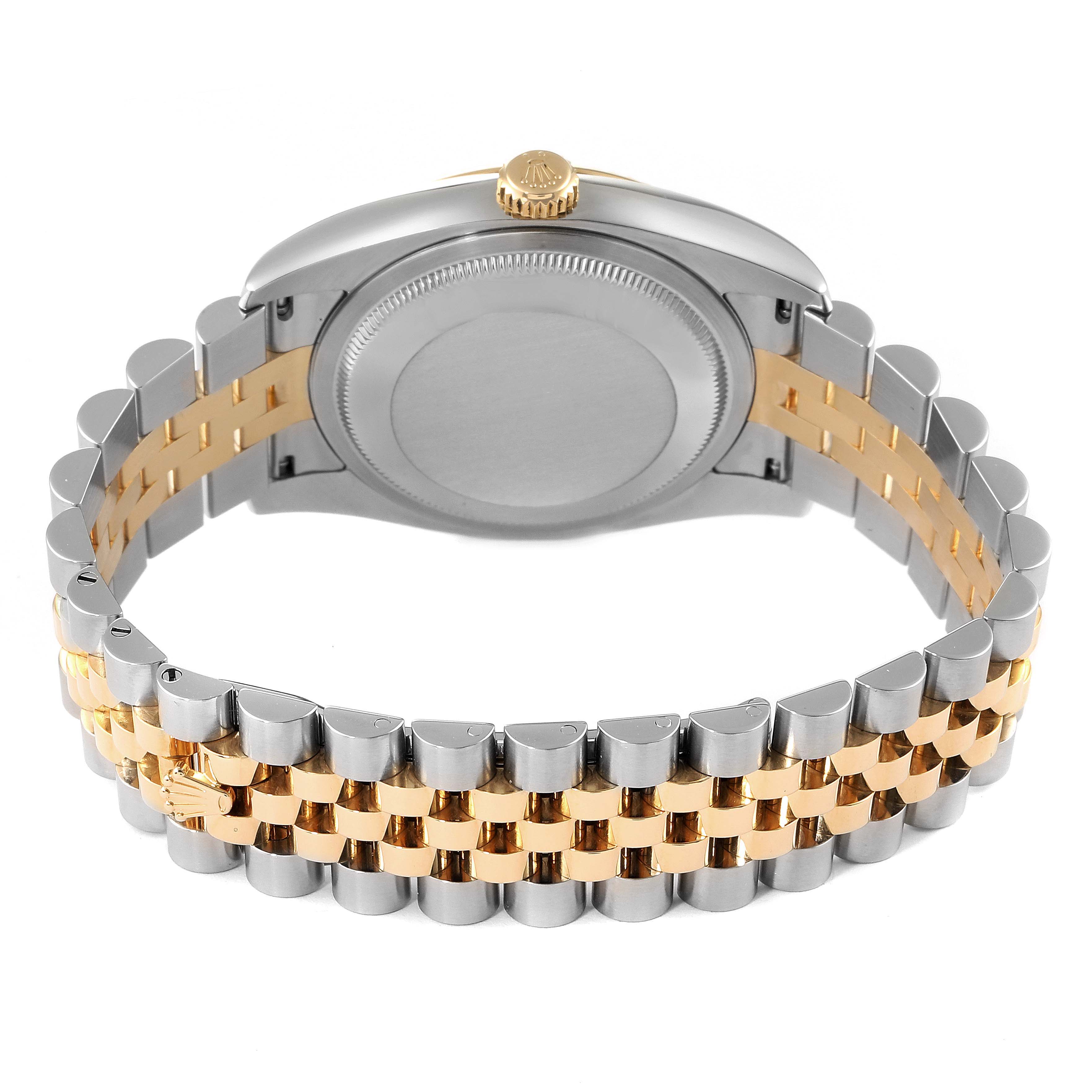 The image shows the back view of a Rolex Datejust 116233 Men
s Steel and Gold (two tone) Black Dial 116233 Men
s Steel and Gold (two tone) Black Dial watch, highlighting its case back and two-tone bracelet.