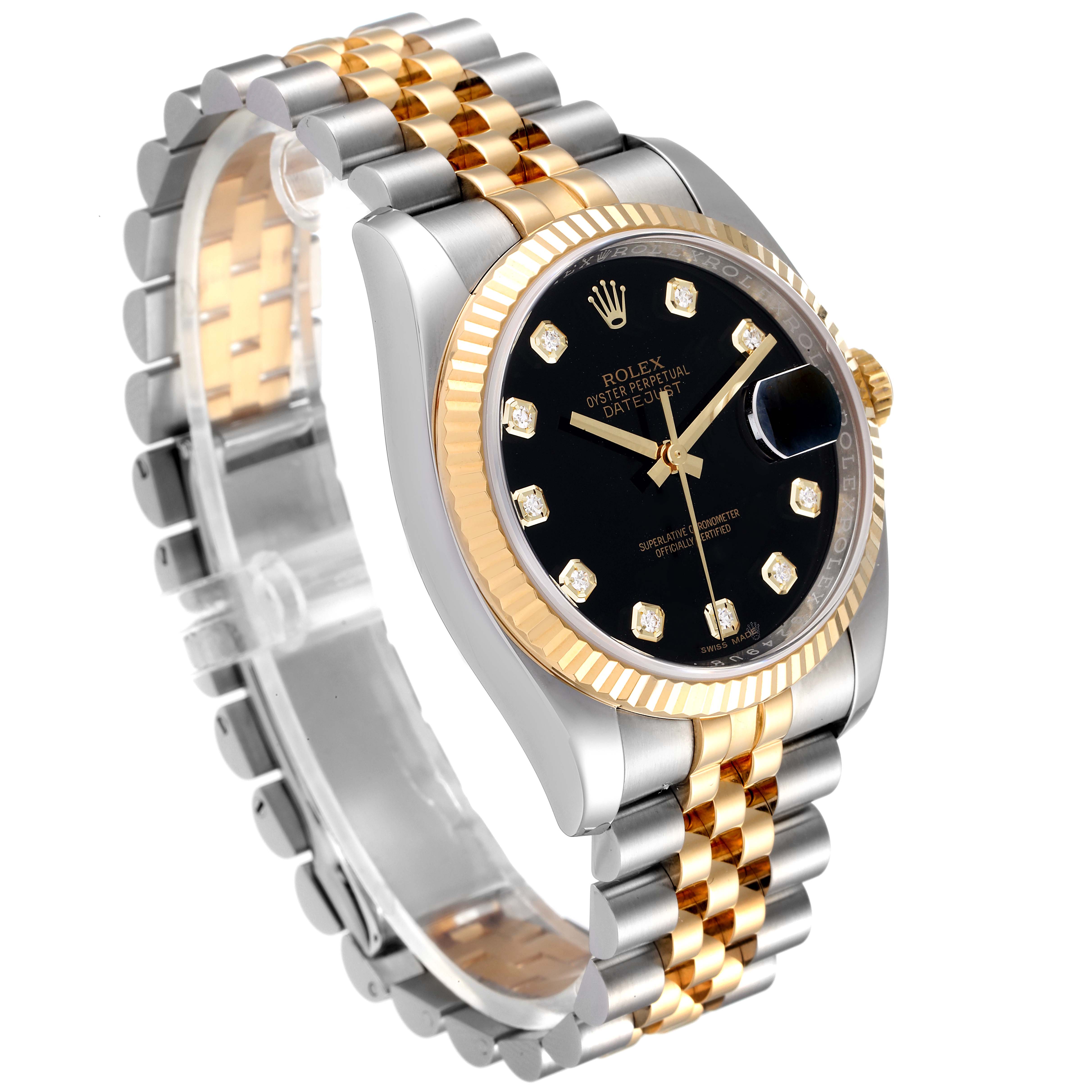 The Rolex Datejust 116233 Men
s Steel and Gold (two tone) Black Dial 116233 Men
s Steel and Gold (two tone) Black Dial watch is shown at a three-quarter angle, displaying its two-tone bracelet, black dial, and fluted bezel.