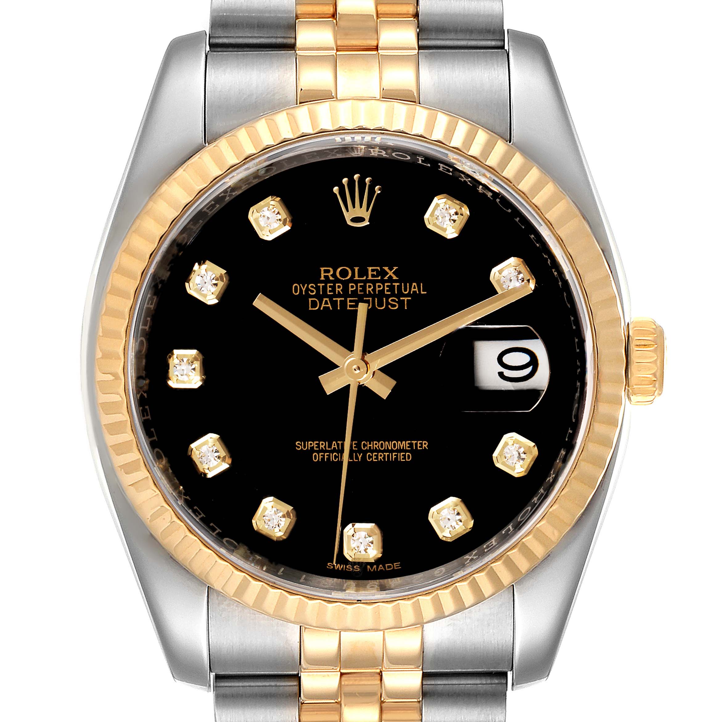 The image shows a close-up of the Rolex Datejust 116233 Men
s Steel and Gold (two tone) Black Dial 116233 Men
s Steel and Gold (two tone) Black Dial watch, featuring its black dial, diamond hour markers, and date window at 3 o
clock.