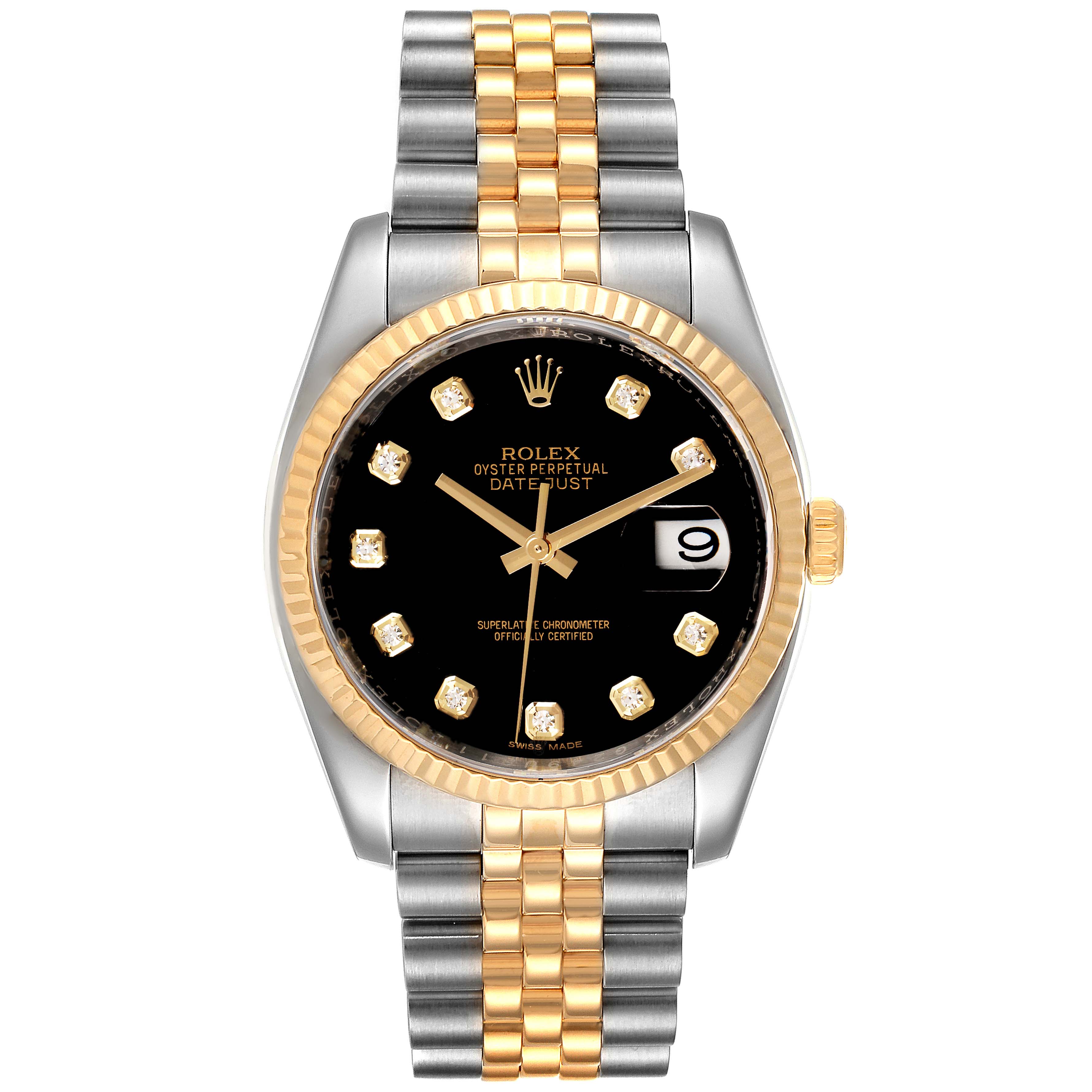 The image shows the front view of a Rolex Datejust 116233 Men
s Steel and Gold (two tone) Black Dial 116233 Men
s Steel and Gold (two tone) Black Dial watch displaying the face, bezel, bracelet, and date window.