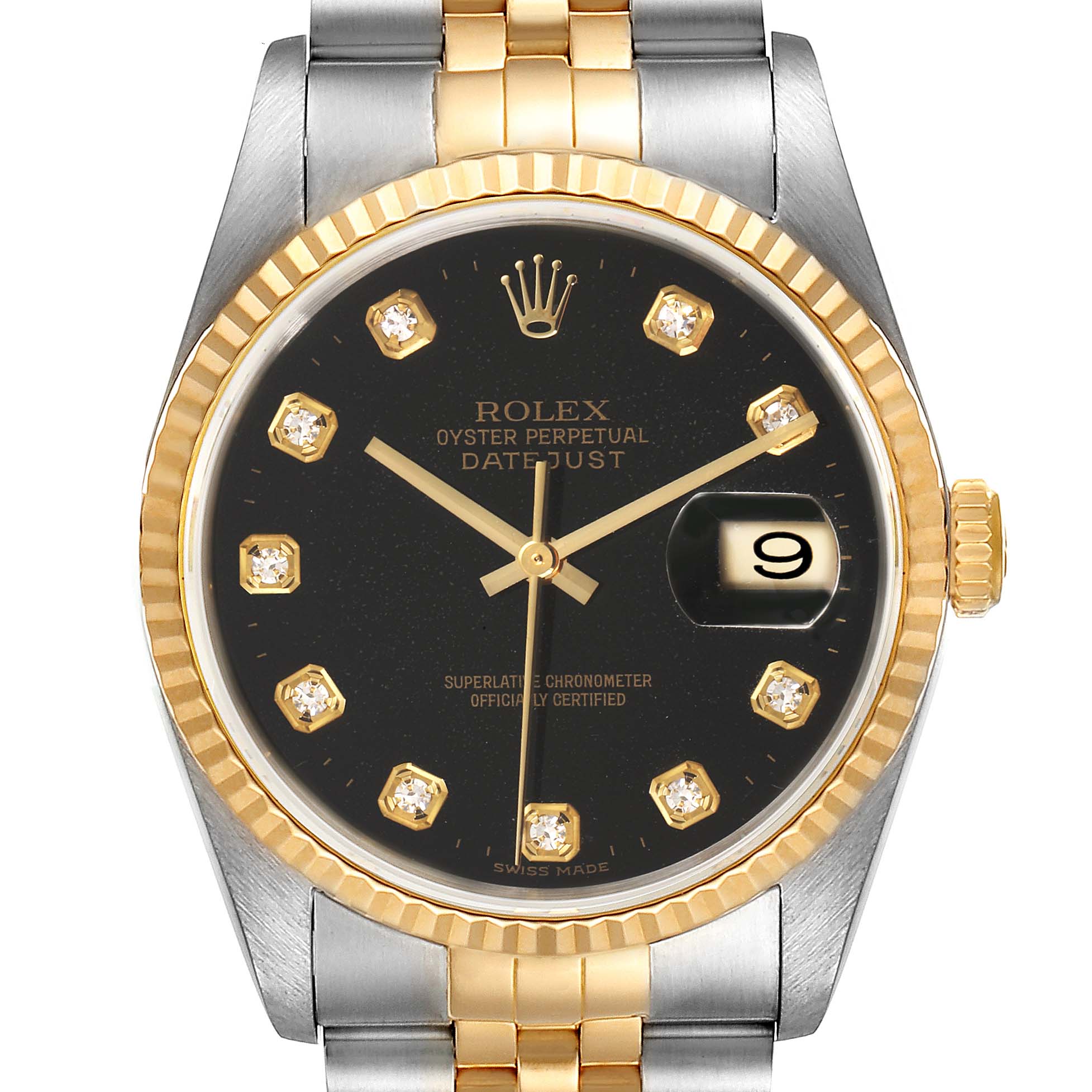 The image shows a front view of a Rolex Datejust 16233 Men
s Steel and Gold (two tone) Black Dial 16233 Men
s Steel and Gold (two tone) Black Dial watch, highlighting the face, bezel, and part of the bracelet.