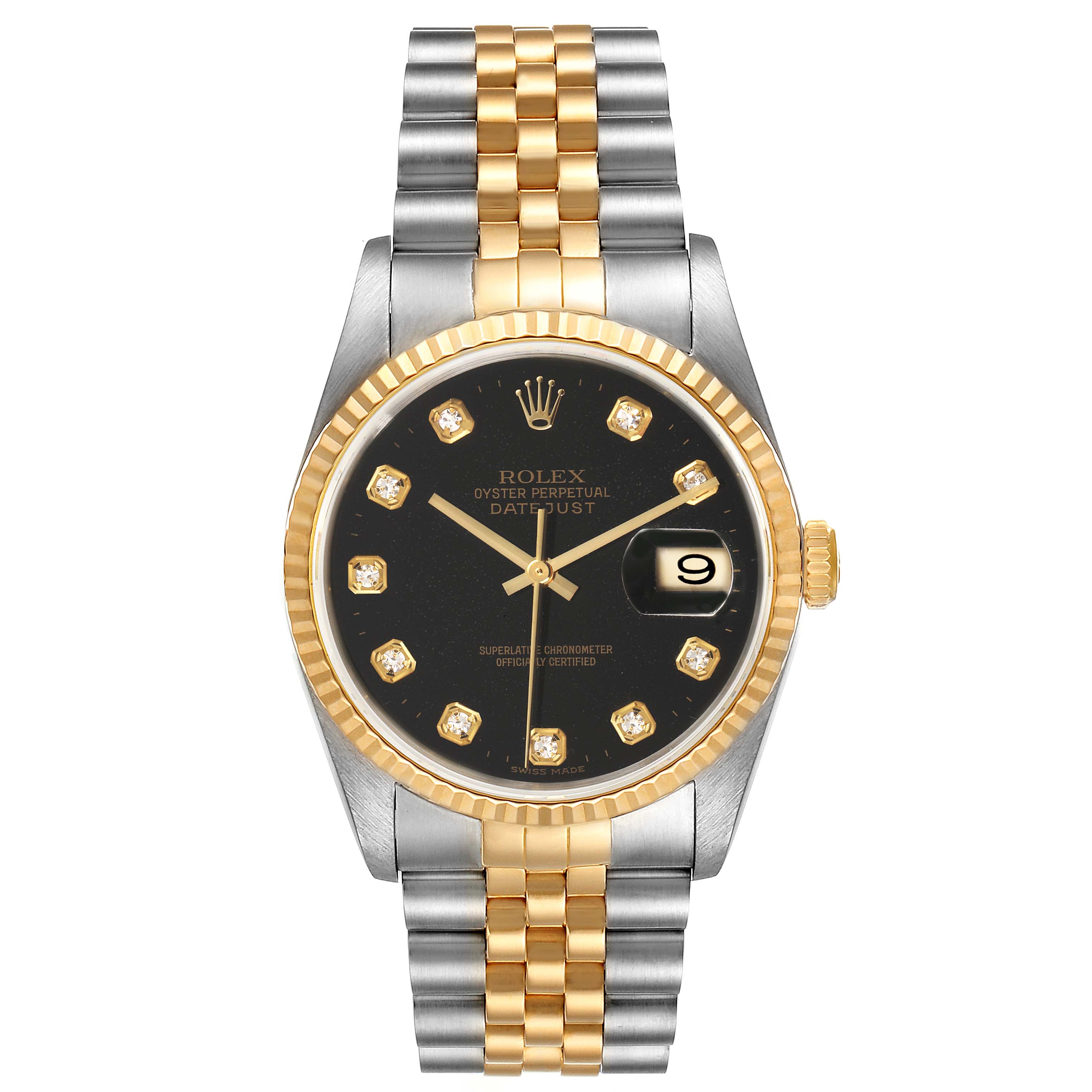 This image shows a front view of a Rolex Datejust 16233 Men
s Steel and Gold (two tone) Black Dial 16233 Men
s Steel and Gold (two tone) Black Dial watch, displaying the dial, bezel, crown, and two-tone bracelet.