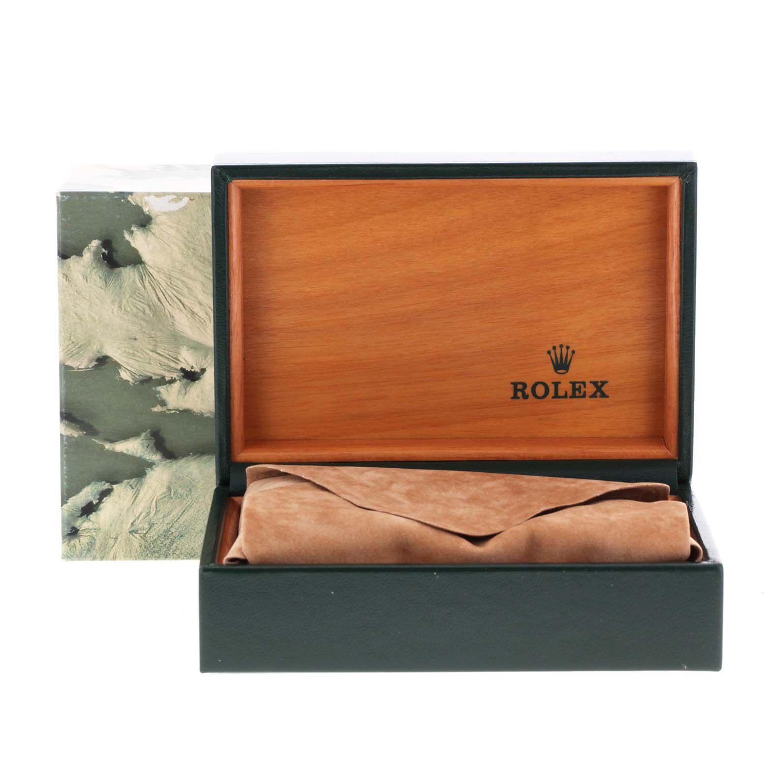 The image shows an open Rolex Datejust 16233 Men
s Steel and Gold (two tone) Black Dial 16233 Men
s Steel and Gold (two tone) Black Dial watch box with a wooden interior and a suede watch pouch inside.