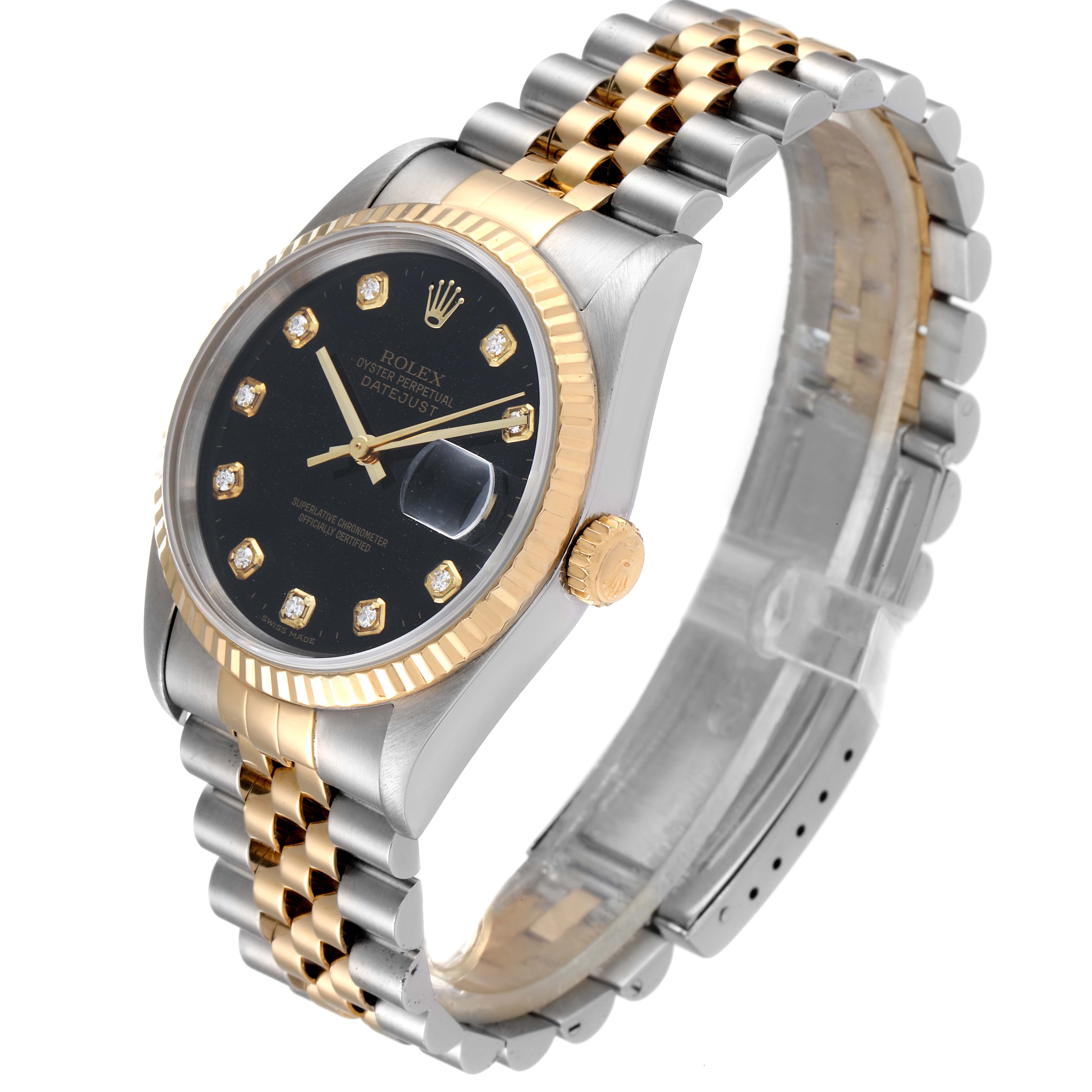 The image shows a Rolex Datejust 16233 Men
s Steel and Gold (two tone) Black Dial 16233 Men
s Steel and Gold (two tone) Black Dial model watch at an angled view, highlighting its two-tone bracelet, black dial, and gold bezel.