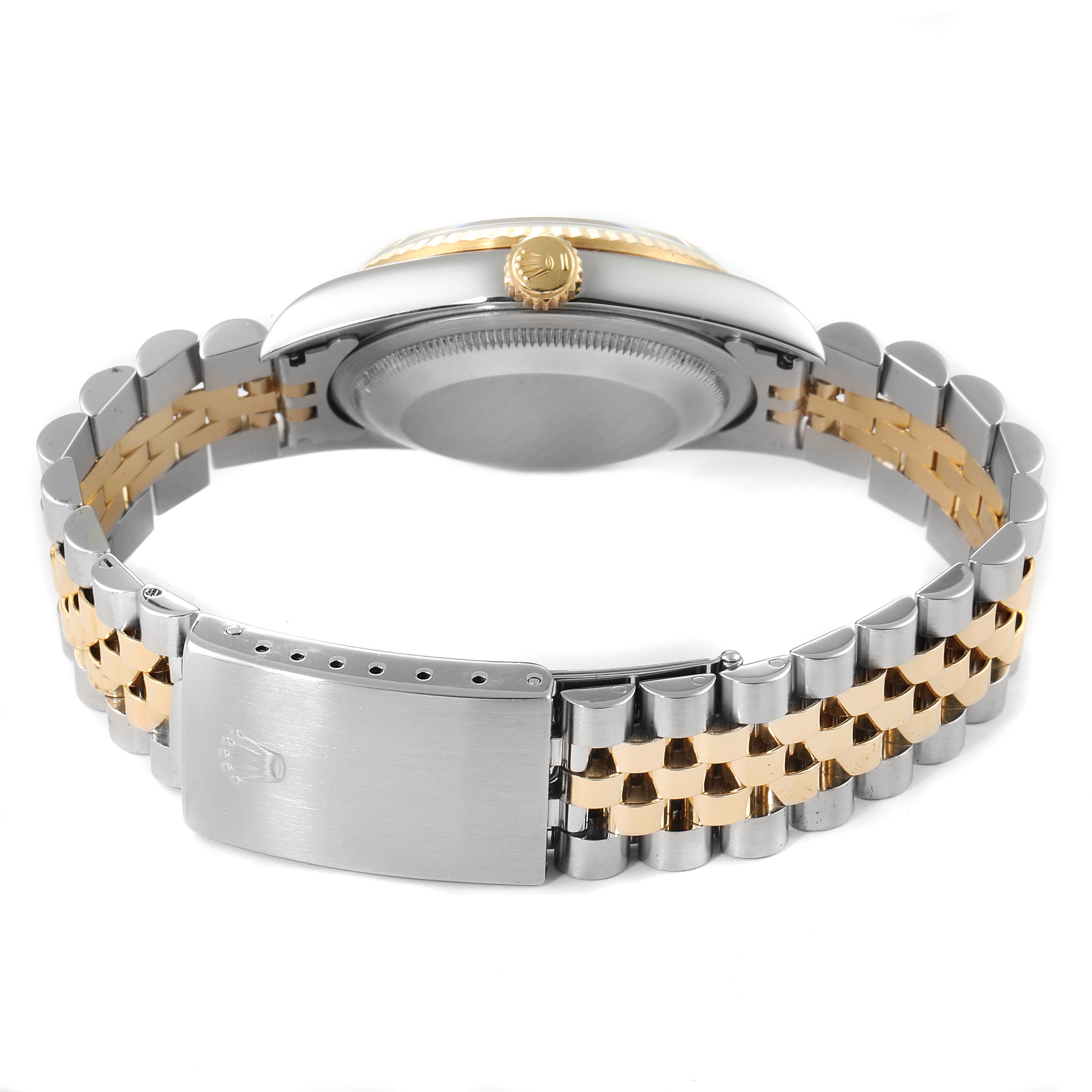 The image shows the back case, crown, and two-tone bracelet of the Rolex Datejust 16233 Men
s Steel and Gold (two tone) Black Dial 16233 Men
s Steel and Gold (two tone) Black Dial watch.