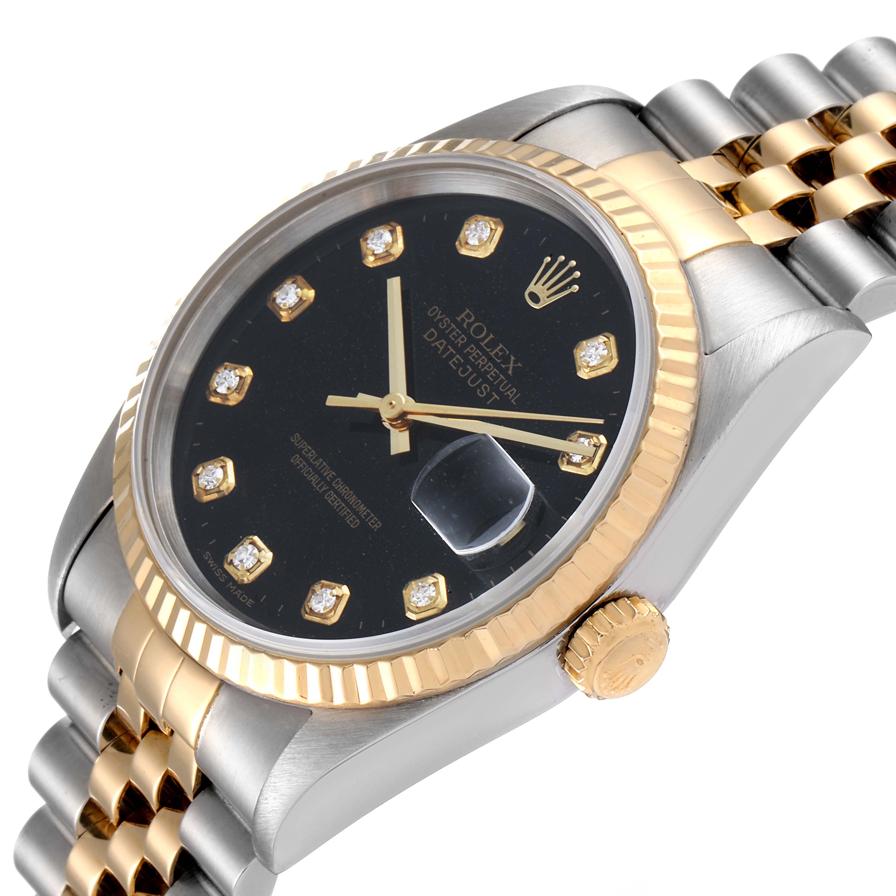 This Rolex Datejust 16233 Men
s Steel and Gold (two tone) Black Dial 16233 Men
s Steel and Gold (two tone) Black Dial watch is shown at an angled close-up, highlighting the dial, bezel, crown, and part of the bracelet.