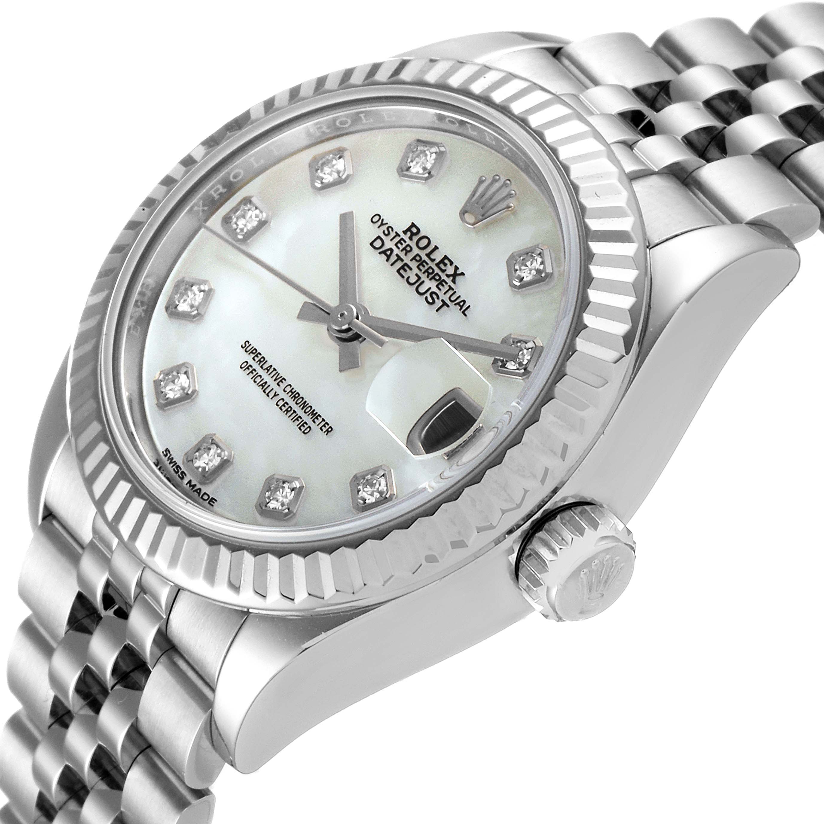 This image shows a side-angle view of the Rolex Datejust 279174 Women
s Stainless Steel Mother of Pearl Dial 279174 Women
s Stainless Steel Mother of Pearl Dial watch, highlighting its bezel, crown, dial, and bracelet.