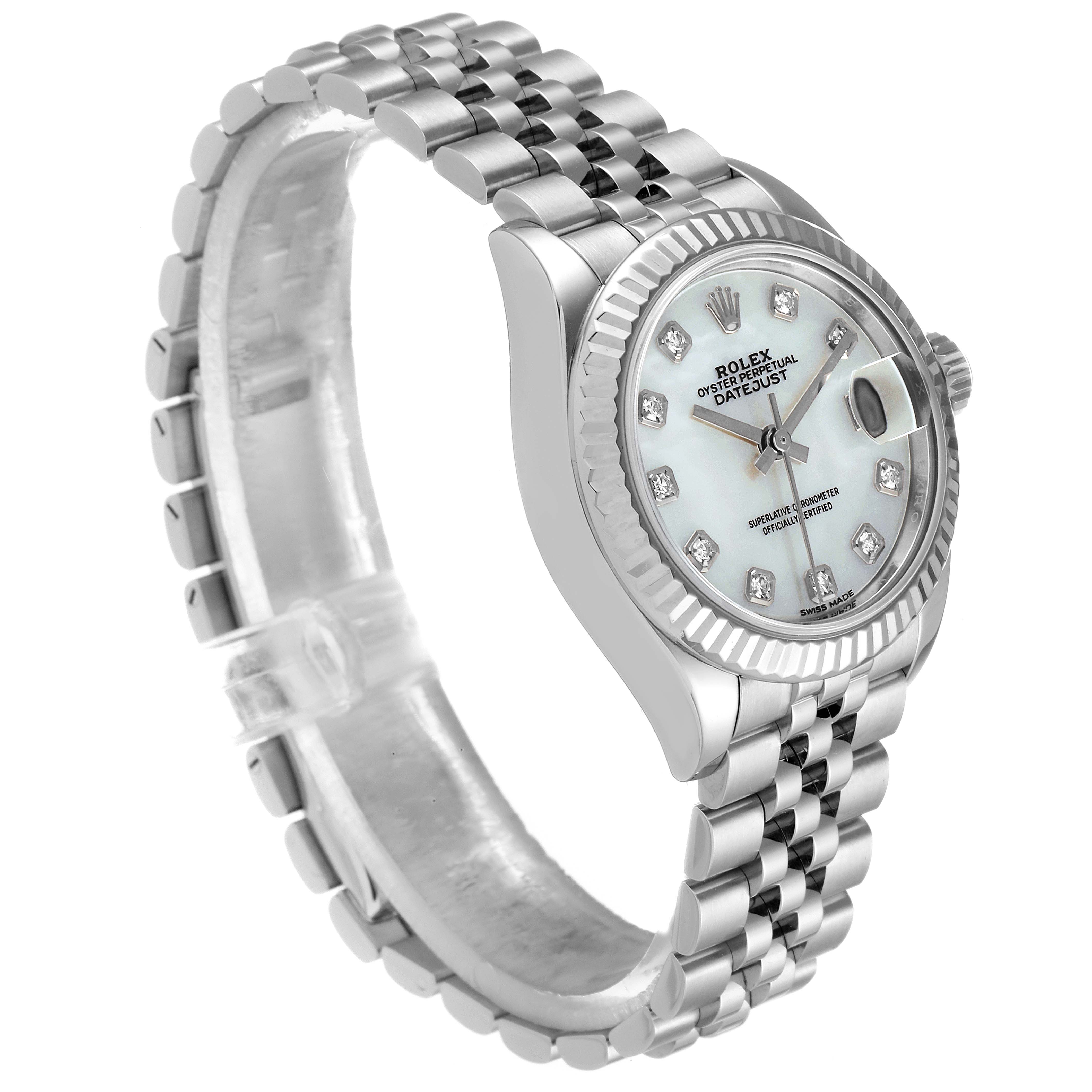 The image shows a Rolex Datejust 279174 Women
s Stainless Steel Mother of Pearl Dial 279174 Women
s Stainless Steel Mother of Pearl Dial watch from an angled side view, displaying the dial, bezel, crown, and bracelet.