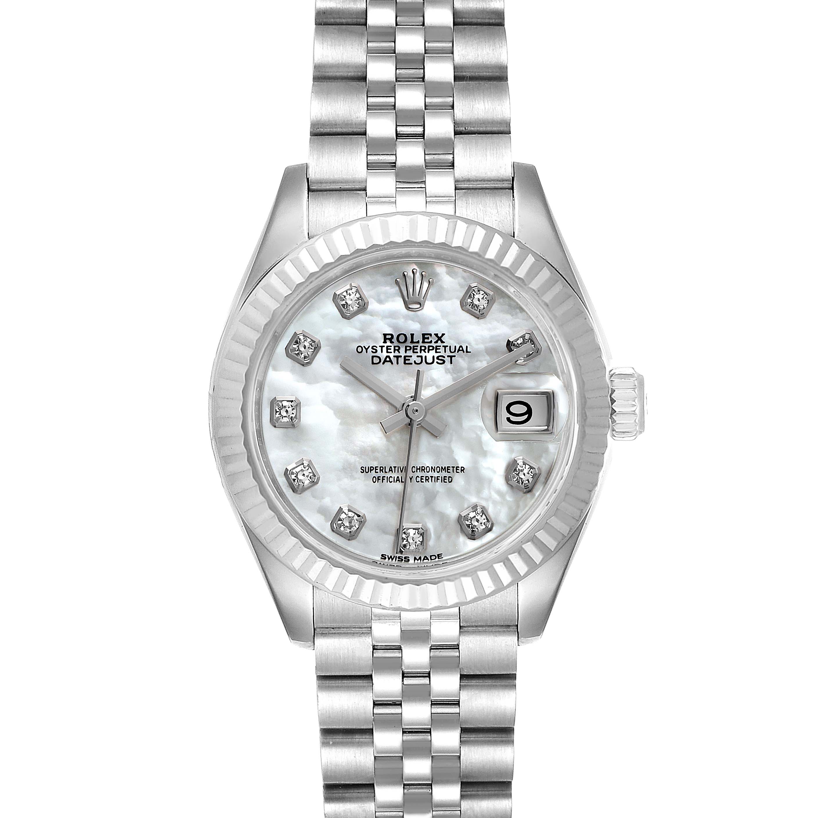 This image shows a frontal view of a Rolex Datejust 279174 Women
s Stainless Steel Mother of Pearl Dial 279174 Women
s Stainless Steel Mother of Pearl Dial watch featuring a jubilee bracelet, fluted bezel, and date display.