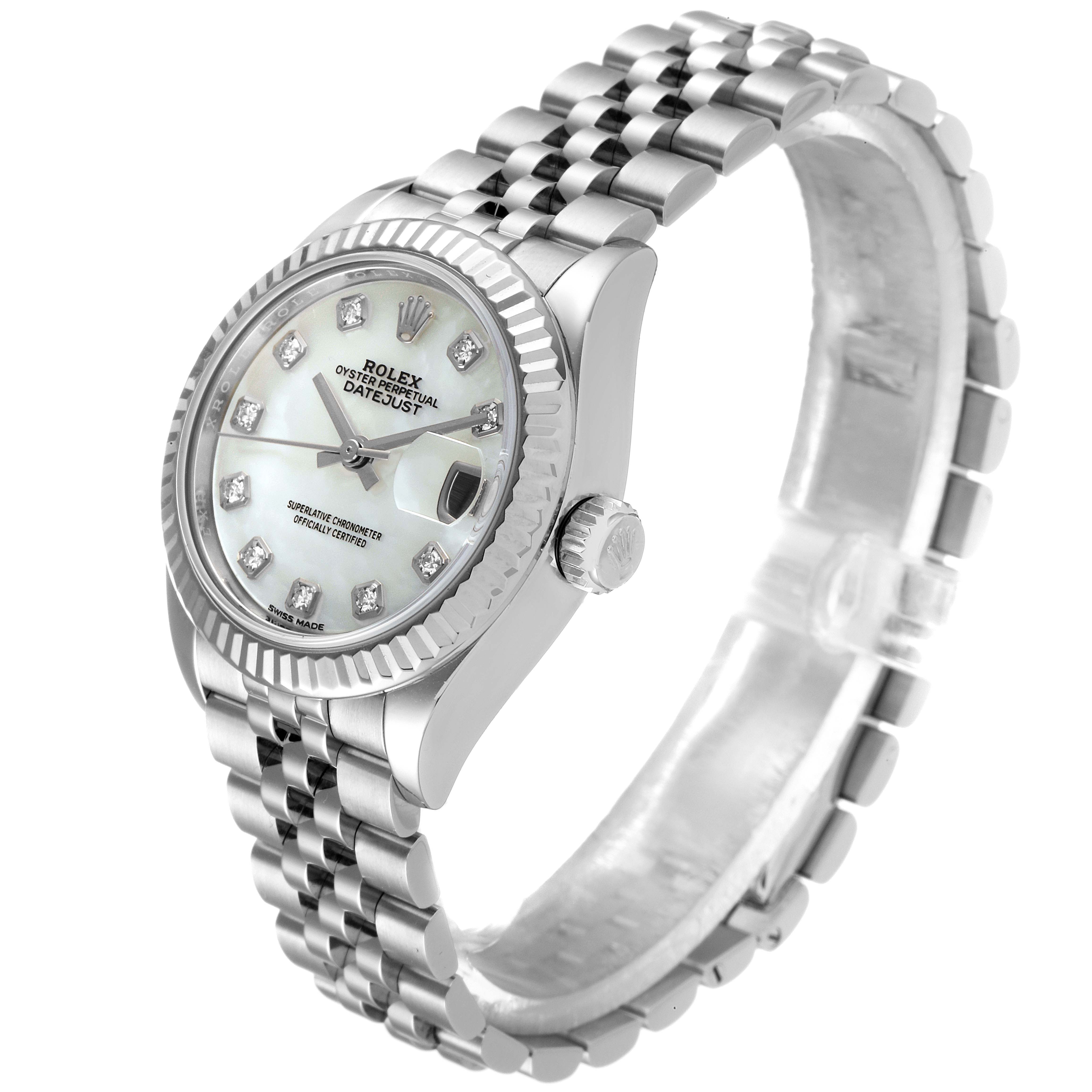 This image shows a side view of a Rolex Datejust 279174 Women
s Stainless Steel Mother of Pearl Dial 279174 Women
s Stainless Steel Mother of Pearl Dial watch, displaying the face, bezel, crown, and bracelet.
