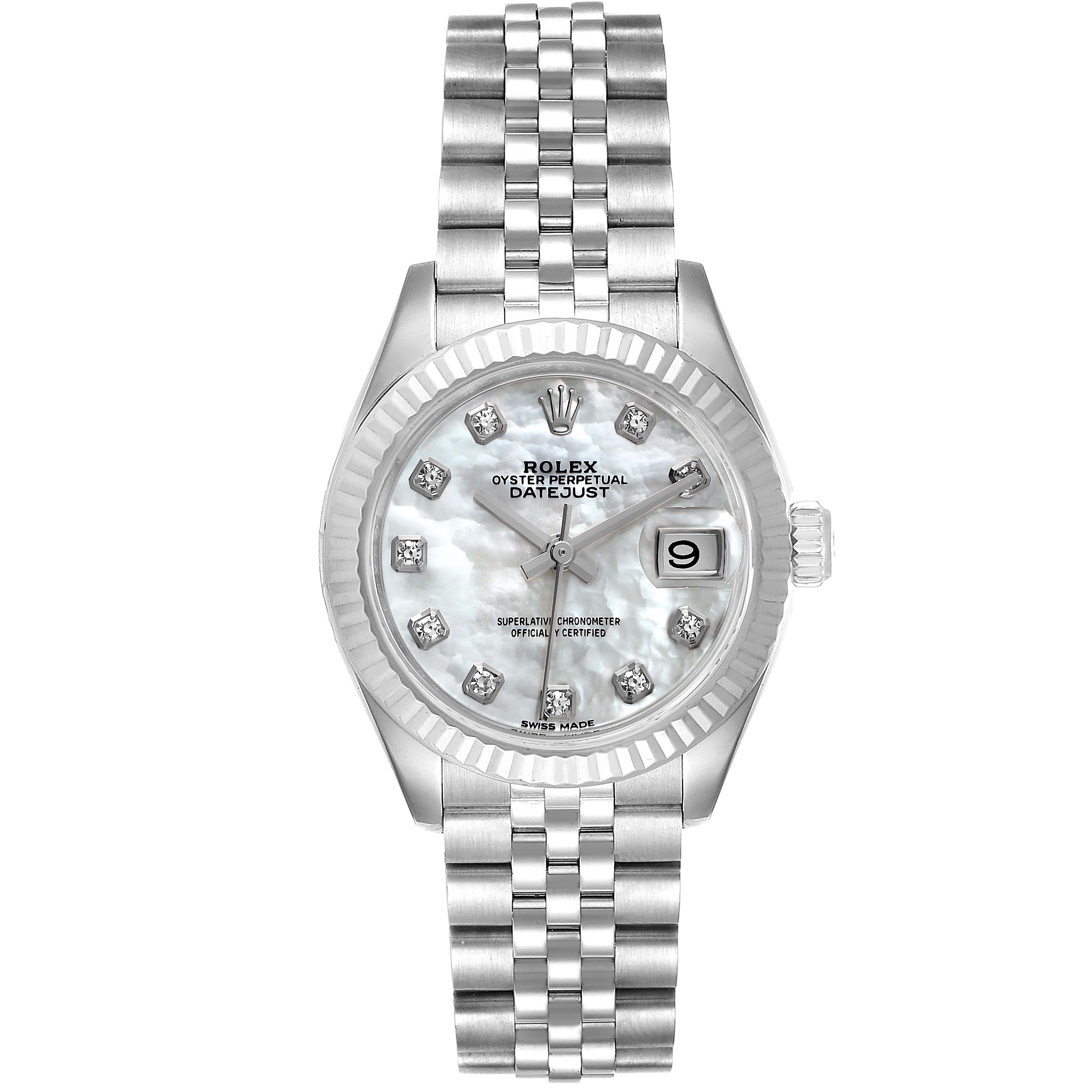 This image shows a front view of the Rolex Datejust 279174 Women
s Stainless Steel Mother of Pearl Dial 279174 Women
s Stainless Steel Mother of Pearl Dial watch, displaying its face, bezel, and bracelet.