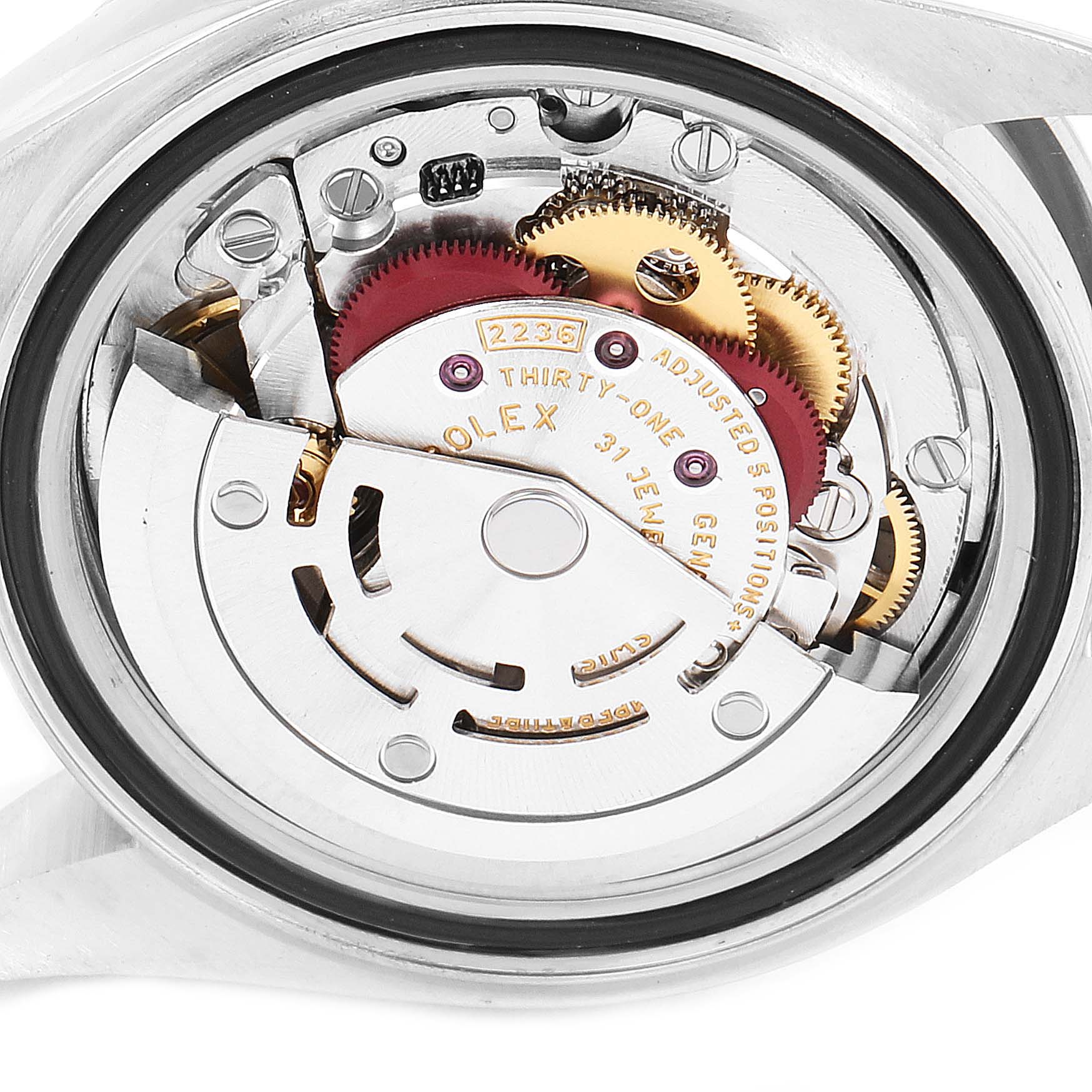 This image shows the internal mechanical movement of the Rolex Datejust 279174 Women
s Stainless Steel Mother of Pearl Dial 279174 Women
s Stainless Steel Mother of Pearl Dial watch from a back view.