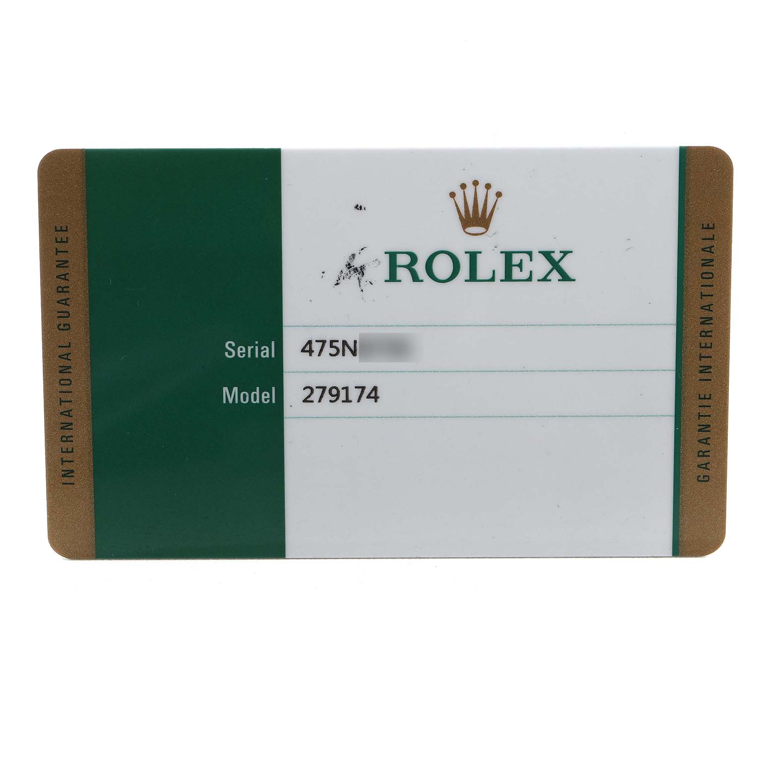 The image shows a Rolex Datejust 279174 Women's Stainless Steel White Dial model guarantee card featuring the serial and model numbers.
