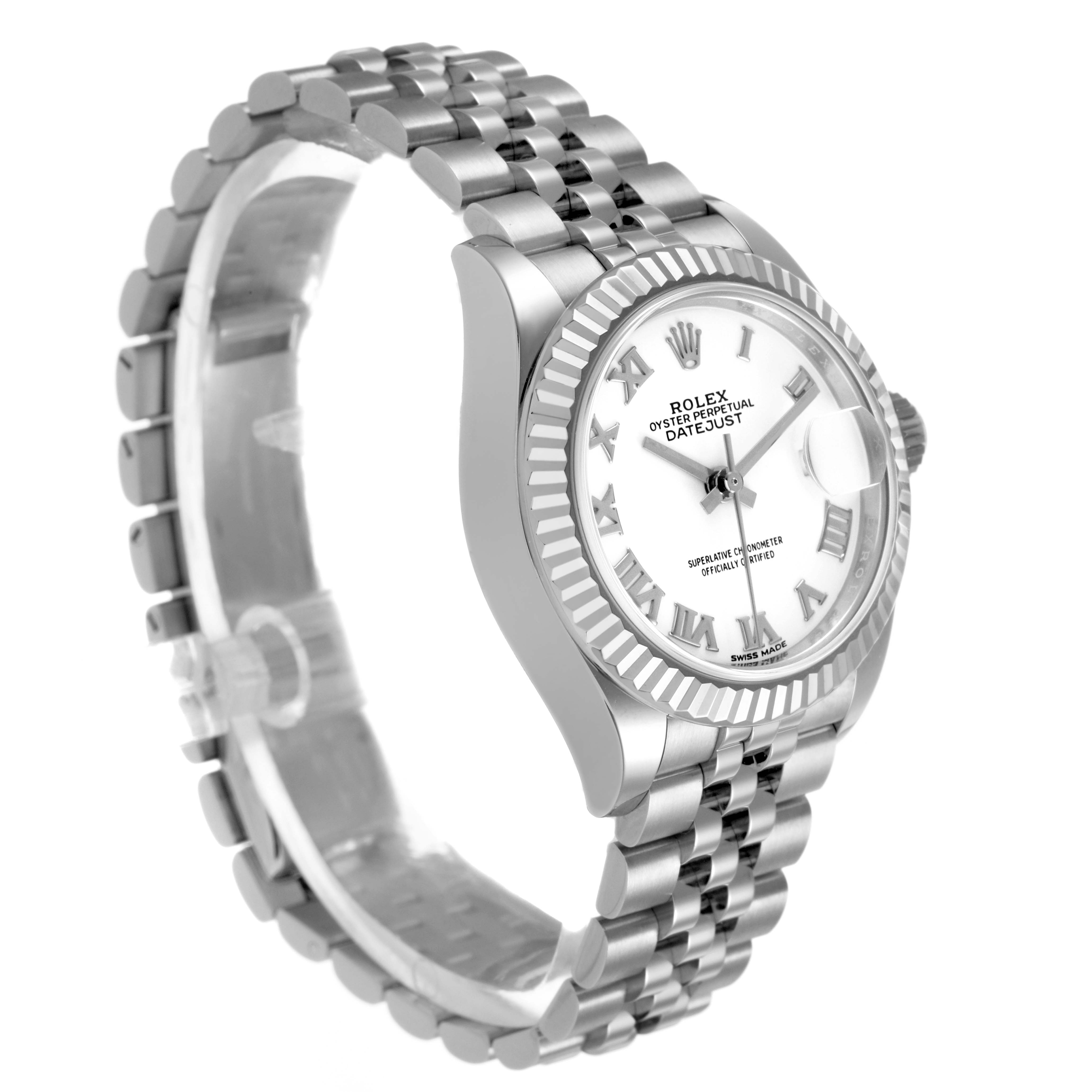 The Rolex Datejust 279174 Women's Stainless Steel White Dial watch is shown at a three-quarter angle, highlighting the dial, bezel, and bracelet.