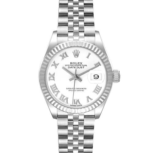 The Rolex Datejust 279174 Women's Stainless Steel White Dial watch is shown from a straight-on angle, highlighting its face, bezel, and part of the bracelet.
