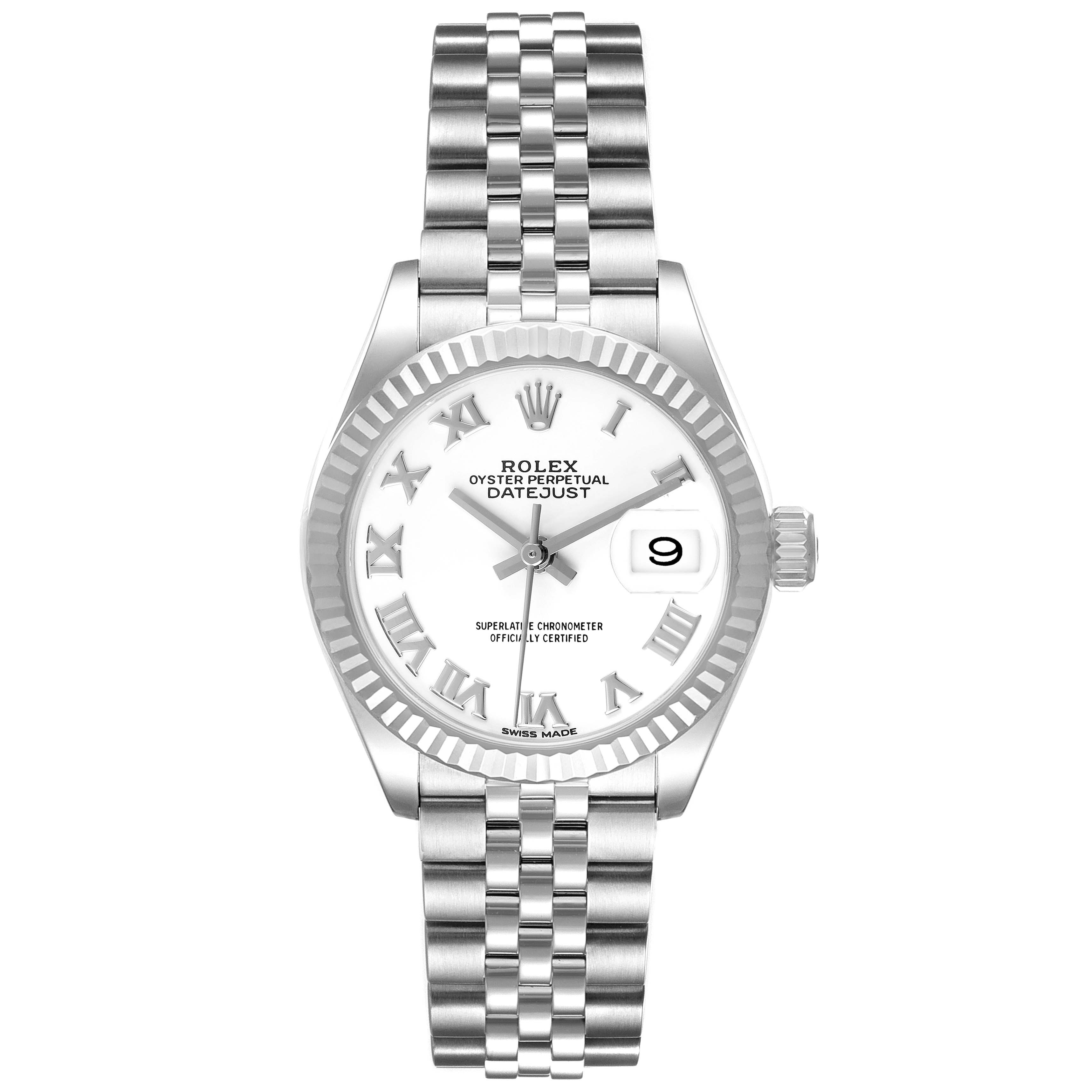 The Rolex Datejust 279174 Women's Stainless Steel White Dial watch is shown from the front, highlighting the face, bezel, crown, and bracelet.